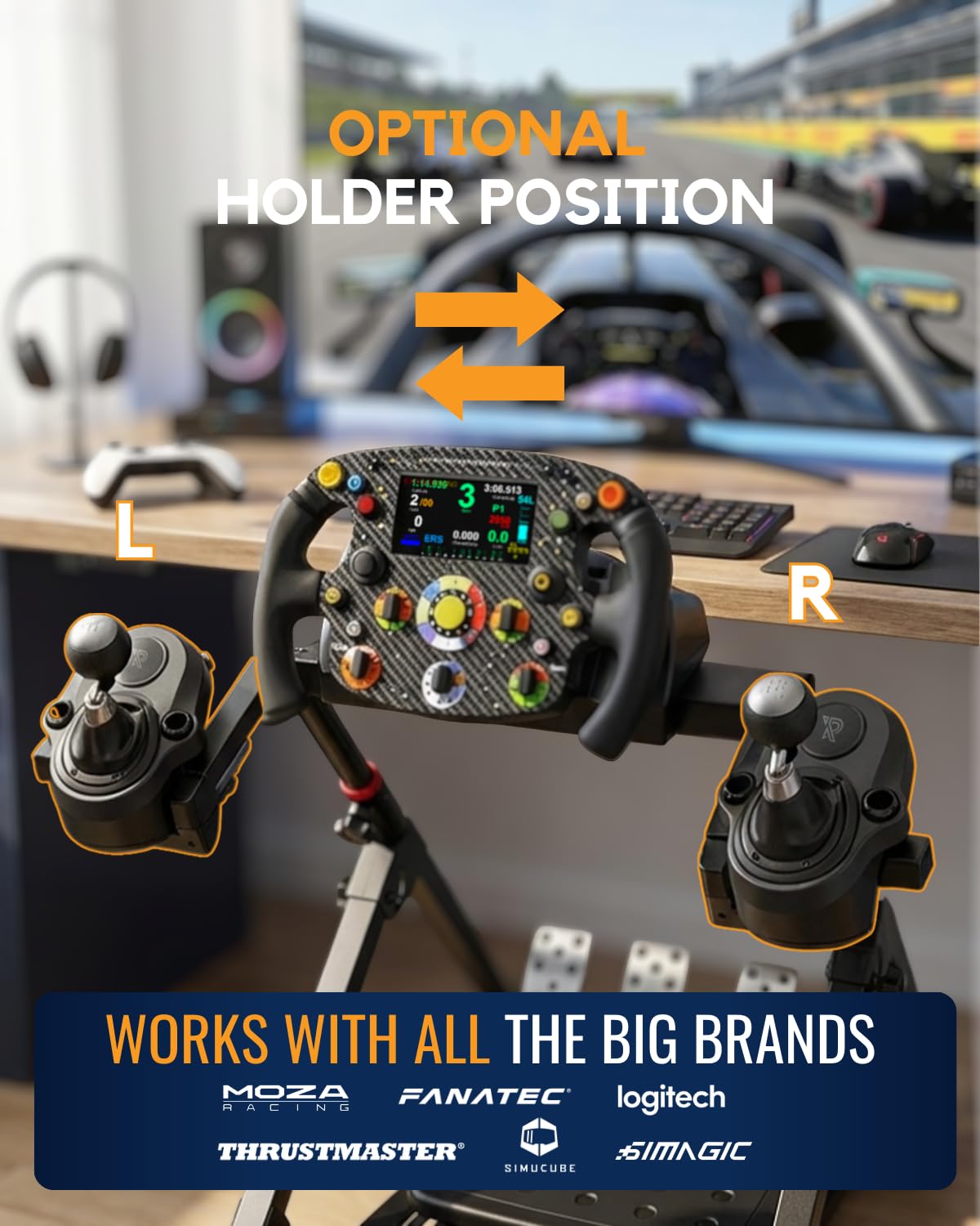 Ranqer Racing Wheel Stand Pro – składany stalowy stojak do kierownicy z regulacją wysokości i kąta, zintegrowanym mocowaniem fotela, kompatybilny z Logitech, Thrustmaster, Fanatec i Simagic – czarny