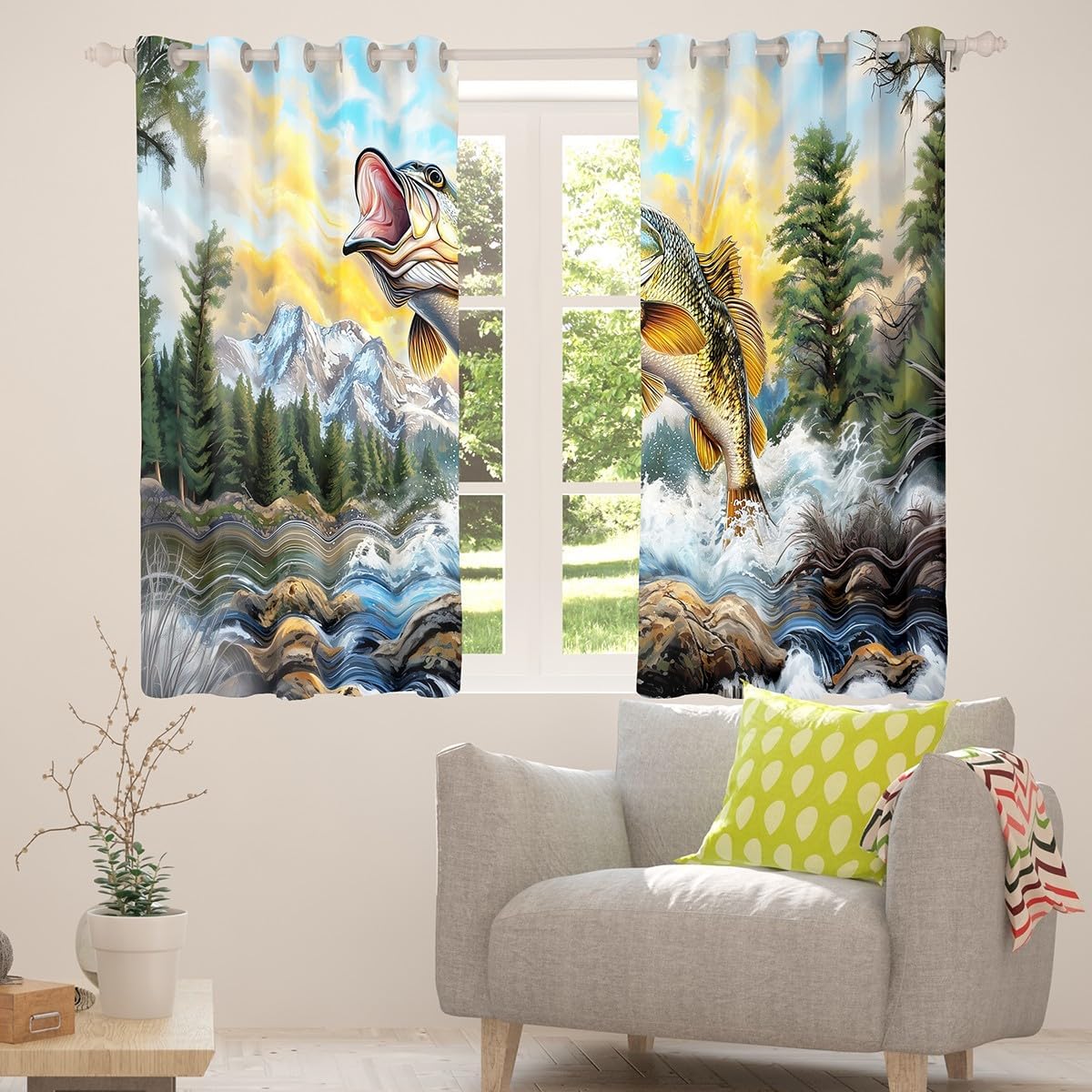 Feelyou Pike Fish Curtains Bass Big Fish Window Drapes Treatments for Kids Boys Girls Fishing and Hunting Window Drapes Ocean Theme Window Treatments, 42W X 63L,2 Panels