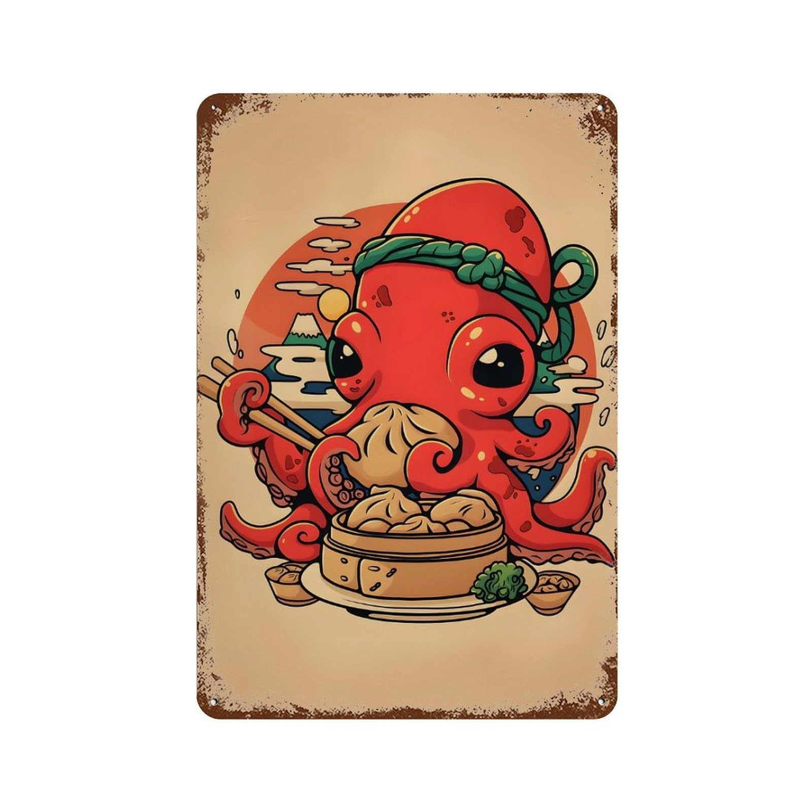 Rustic Tin Plaque Octopus with Dumplings And Japanese 11.8"x7.9", Rustic Home Decor for Office, Studio And Wall Decor