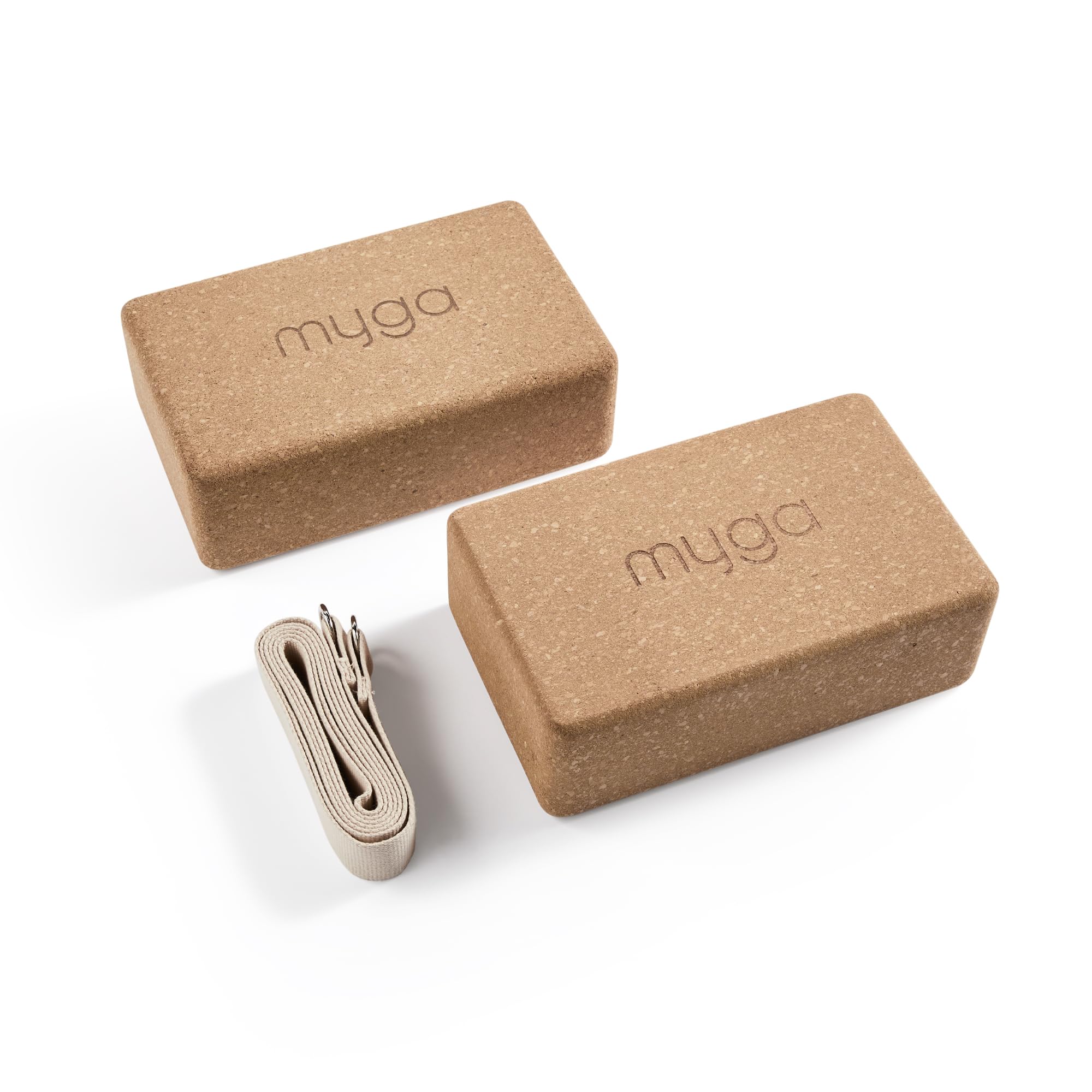 Myga Cork Yoga Blocks & Strap Set - 2 Natural Cork Bricks and Metal D Ring Belt for Yoga, Pilates and Fitness - Support and Deepen Poses, Non-Slip and Eco-Friendly for Home & Gym (Sand)