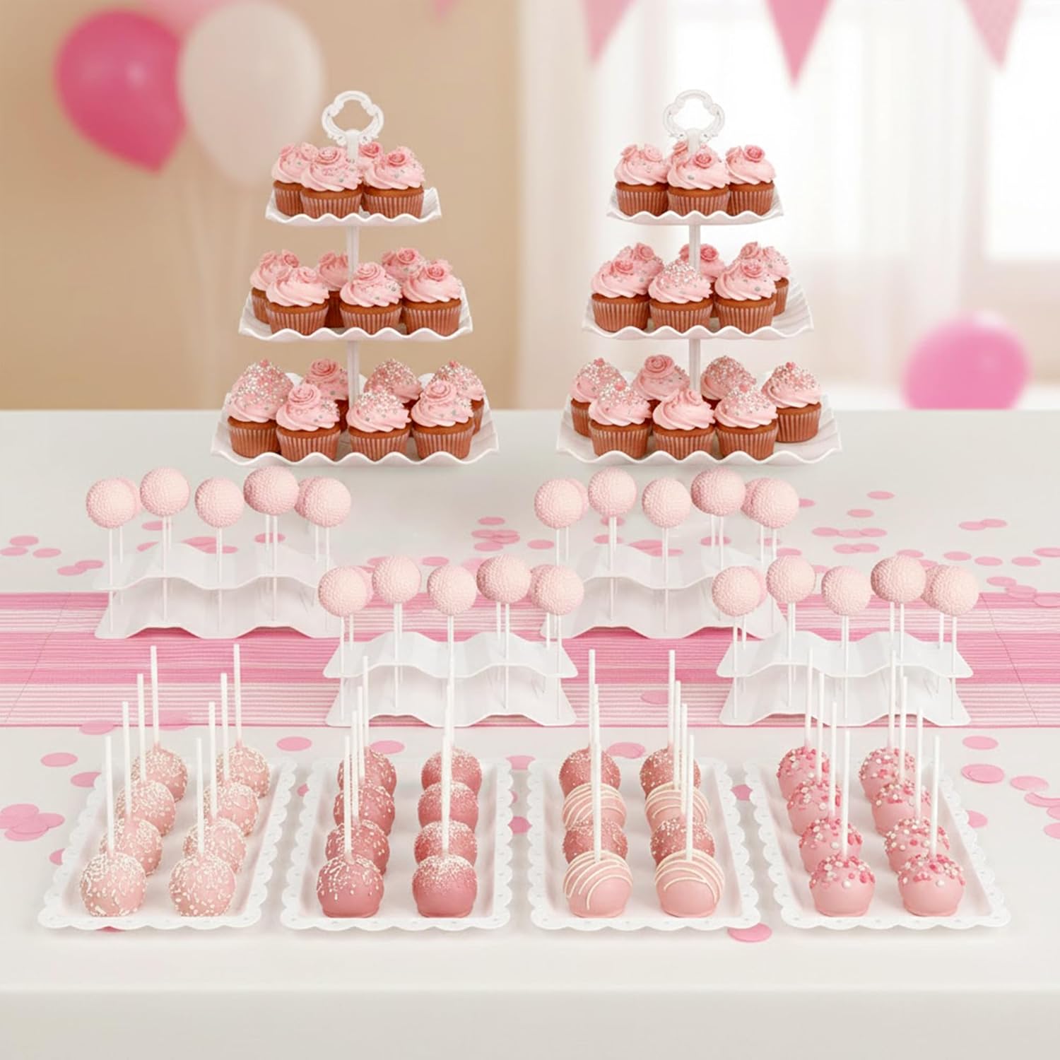 NWK Dessert Stand Set with 2x Large 3-Tier Cupcake Stands, 4 x Appetizer Trays, 4 x Cake Pop Stands, 100 Set Cake Pop Packing, 1 Table Cloth, for Birthday Baby Shower Party Decorations