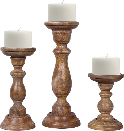 Miniatura 13 de Mela Artisans Portavelas de pilar de madera Diseño Tuli Juego de 3 candelabros de madera de mango Blanco mate Tamaños de 6 pulgadas y 9