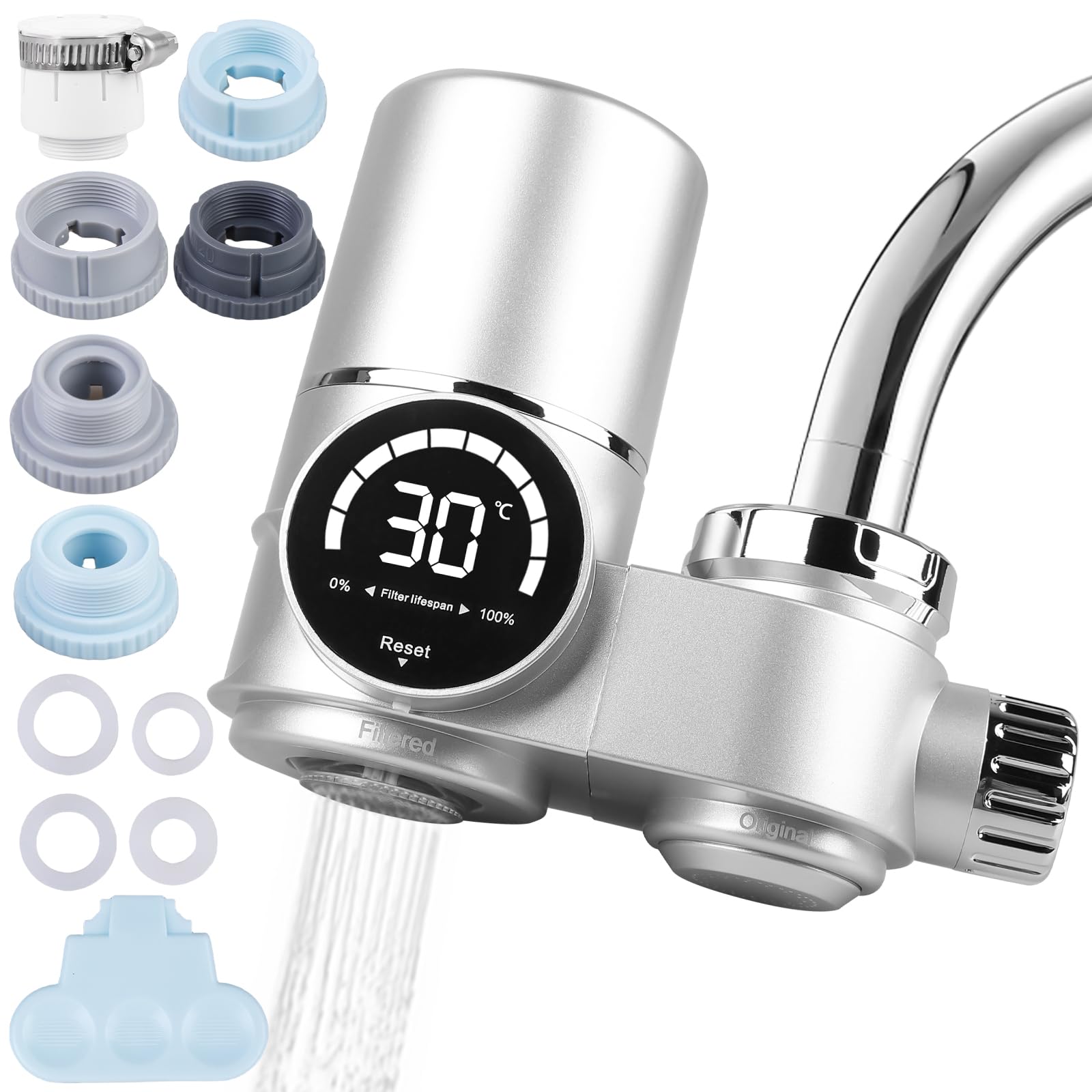 Filtre à eau pour robinet avec affichage LED, filtre à eau robinet filtre à eau potable élimine le chlore, les métaux lourds, stérilisation UV filtre à eau du robinet (avec filtre) pour cuisine