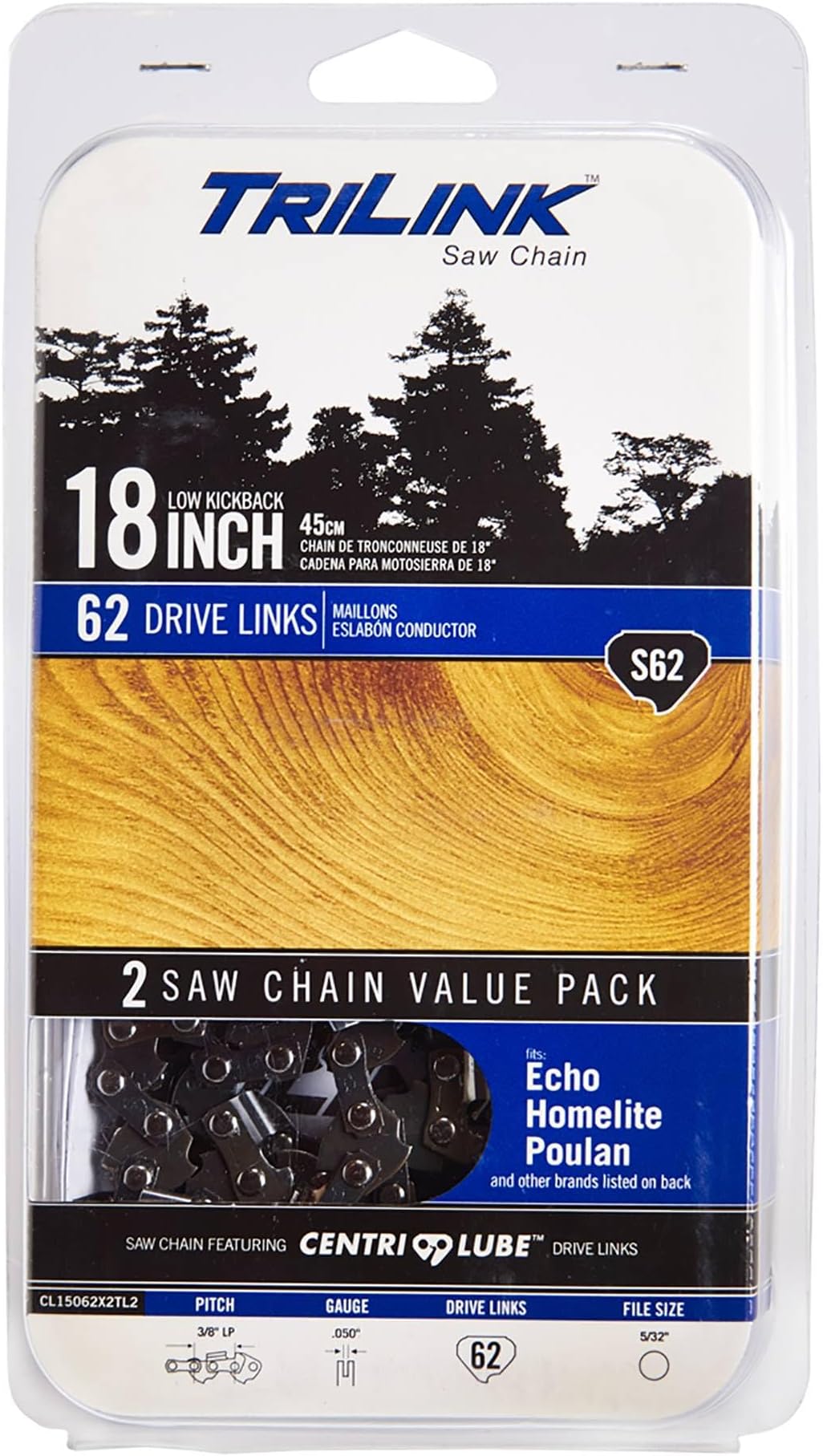 Trilink CL15062X2TL2 3/8 LP .050 Gauge 62 Drive Links 18 in Chainsaw Chain Compatible with/Replacements Black & Decker CS1518, Craftsman/Sears 3407, 34116, 35038, 35104, 35160, 35218 S62T-91PX Black
