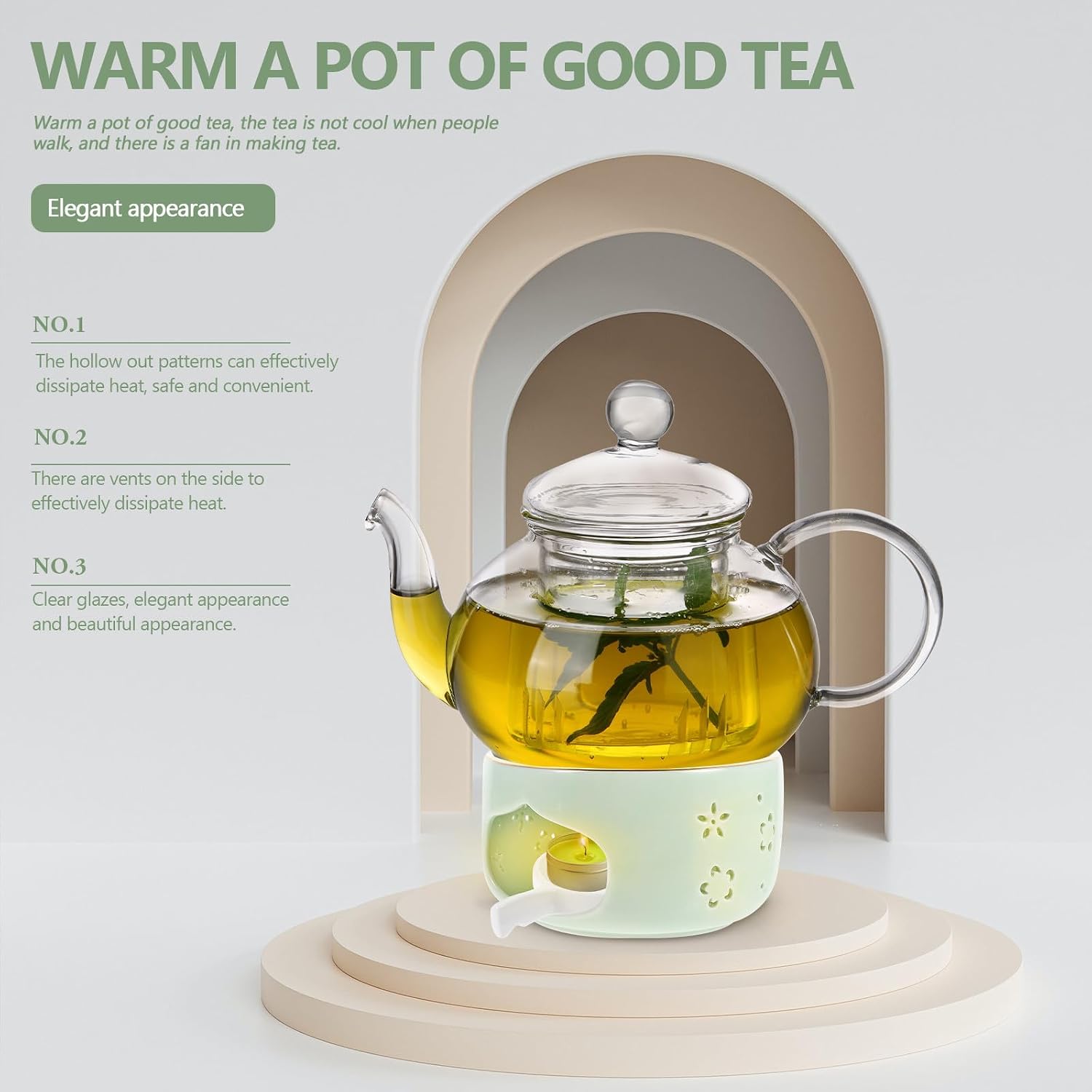 Ceramic Tea Warmer with Porous Ventilation for Full Combustion Lightweight Portable Teapot Heating Base in Light Green Gift for Tea Lovers