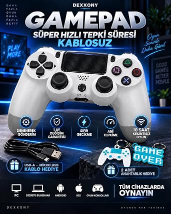 Elite White Kablosuz Oyun Kolu, Bluetooth Gamepad, PS4/PC/Android TV Uyumlu, Çift Titreşimli, Şarj Edilebilir