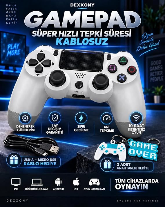 Elite White Kablosuz Oyun Kolu, Bluetooth Gamepad, PS4/PC/Android TV Uyumlu, Çift Titreşimli, Şarj Edilebilir