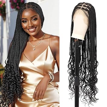 HD Full Lace Knotless Braided Wigs for Black Women Box Braid Wig Boho Curly Ends Braided Wigs with Baby Hair Premium Synthetic Boho Braided Wig,36 Inch 360 HD Full Lace