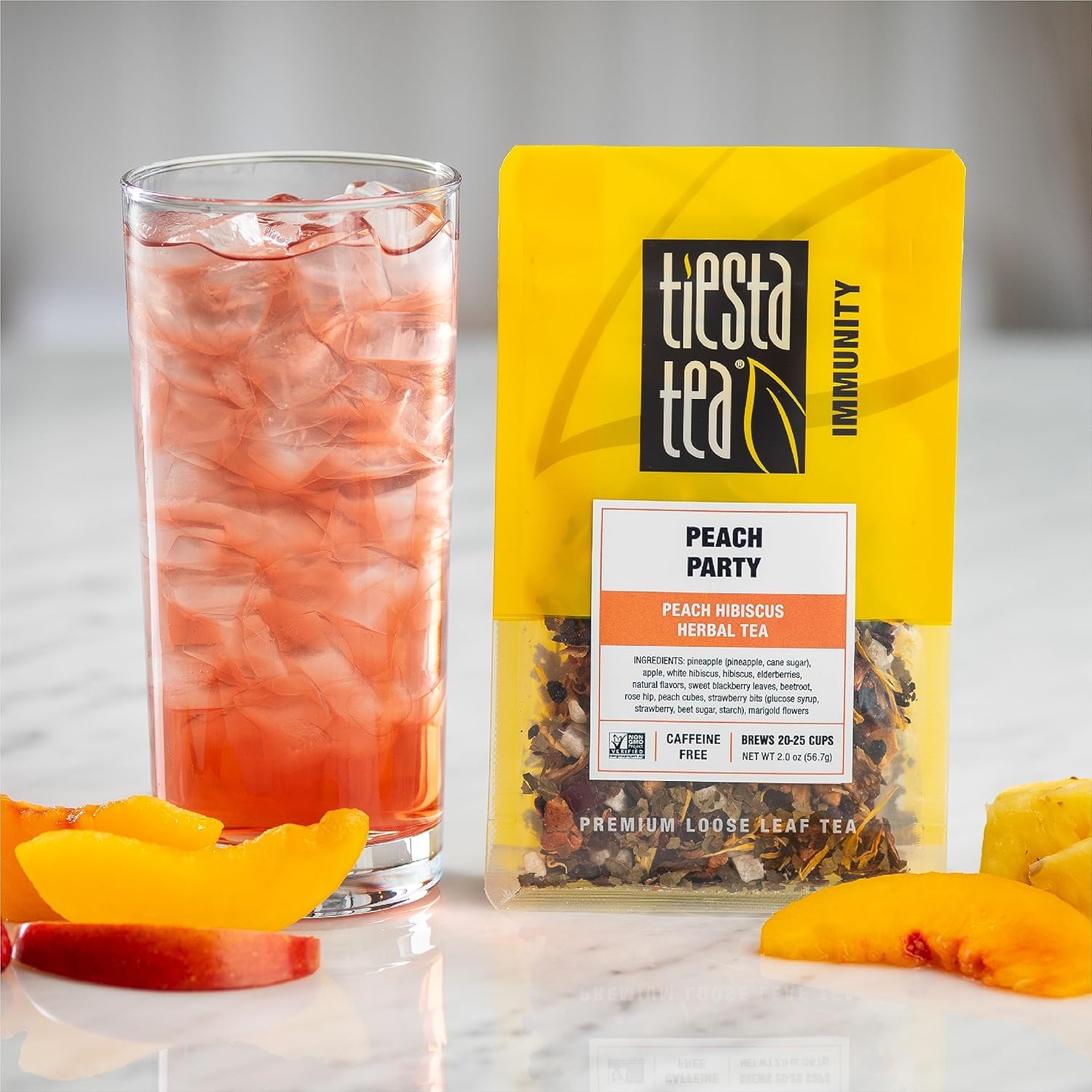 Tiesta Tea - Peach Party Herbal Tea and Brewbasket Infuser Bundle, Peach Hibiscus Tea, Non-Caffeinated, 2oz Refillable Pouch with 5oz Reusable Stainless Steel Strainer