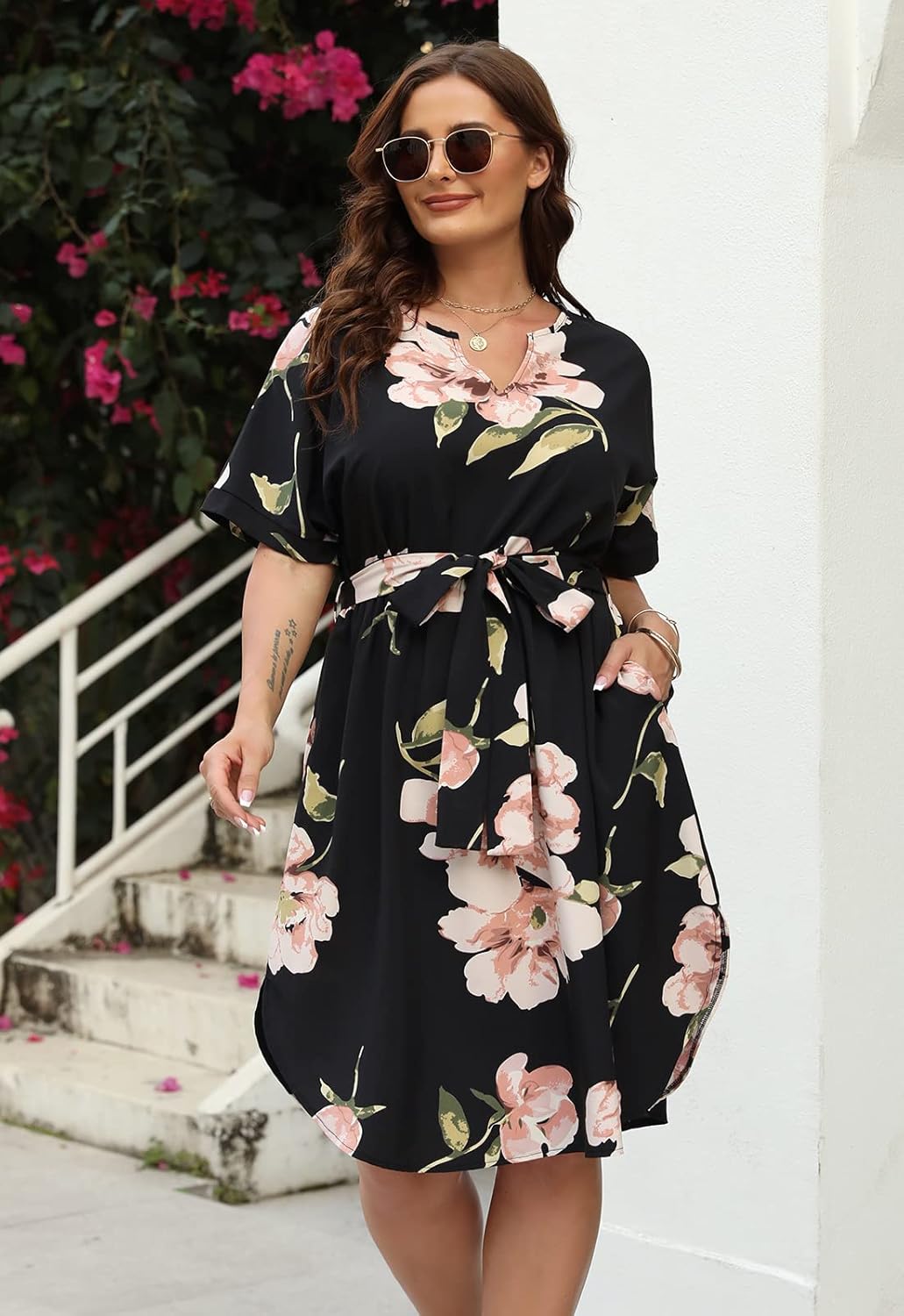 Nemidor Plus Size Casual Dresses for Curvy Women Summer Boho Floral Print Swing Midi Dress with Pockets 14-26 - Image 3