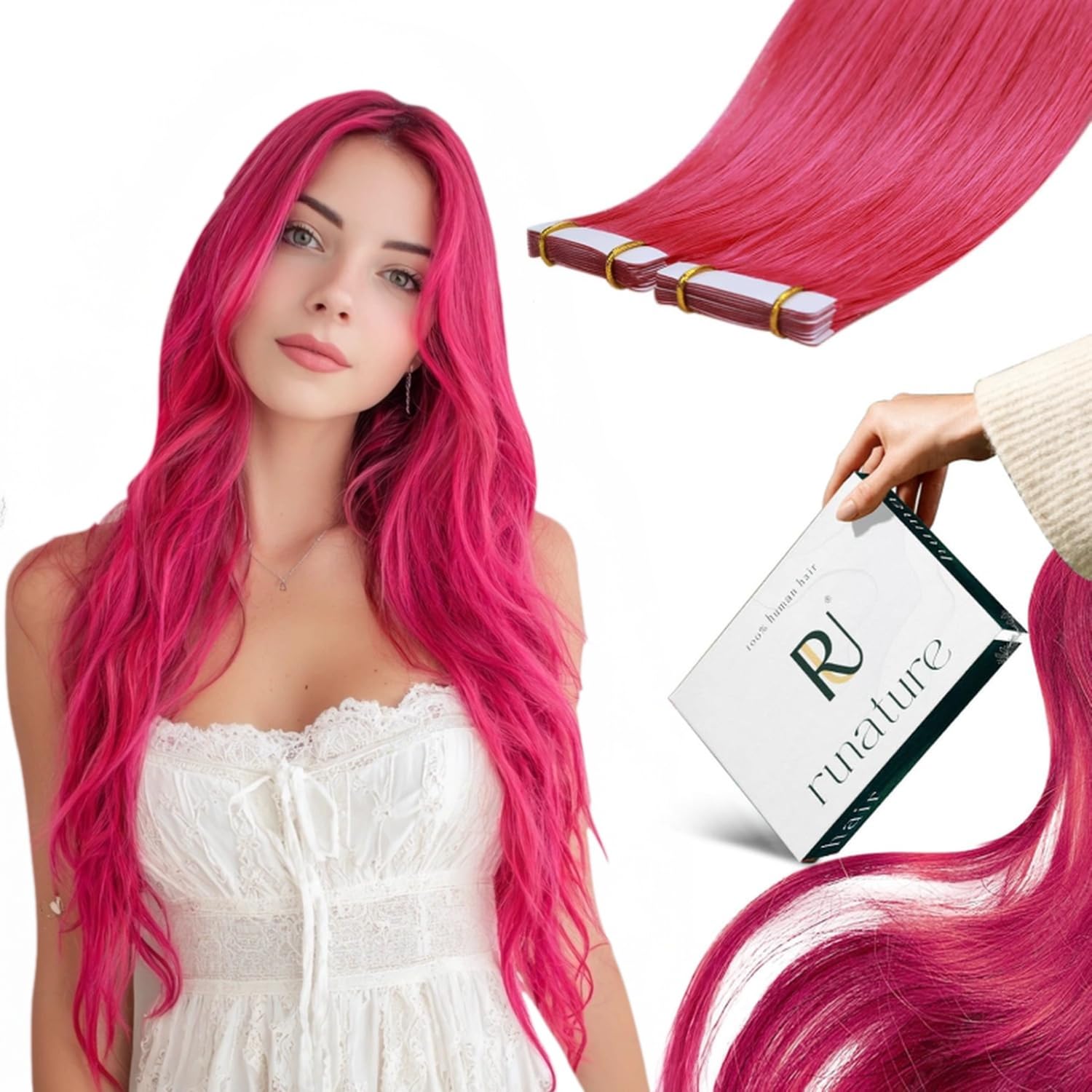 RUNATURE Tape in Hair Extensions Real Human Hair 22 Inch HotPink Tape Extensions Human Hair HotPink Colored Tape Extensions 25 Gram