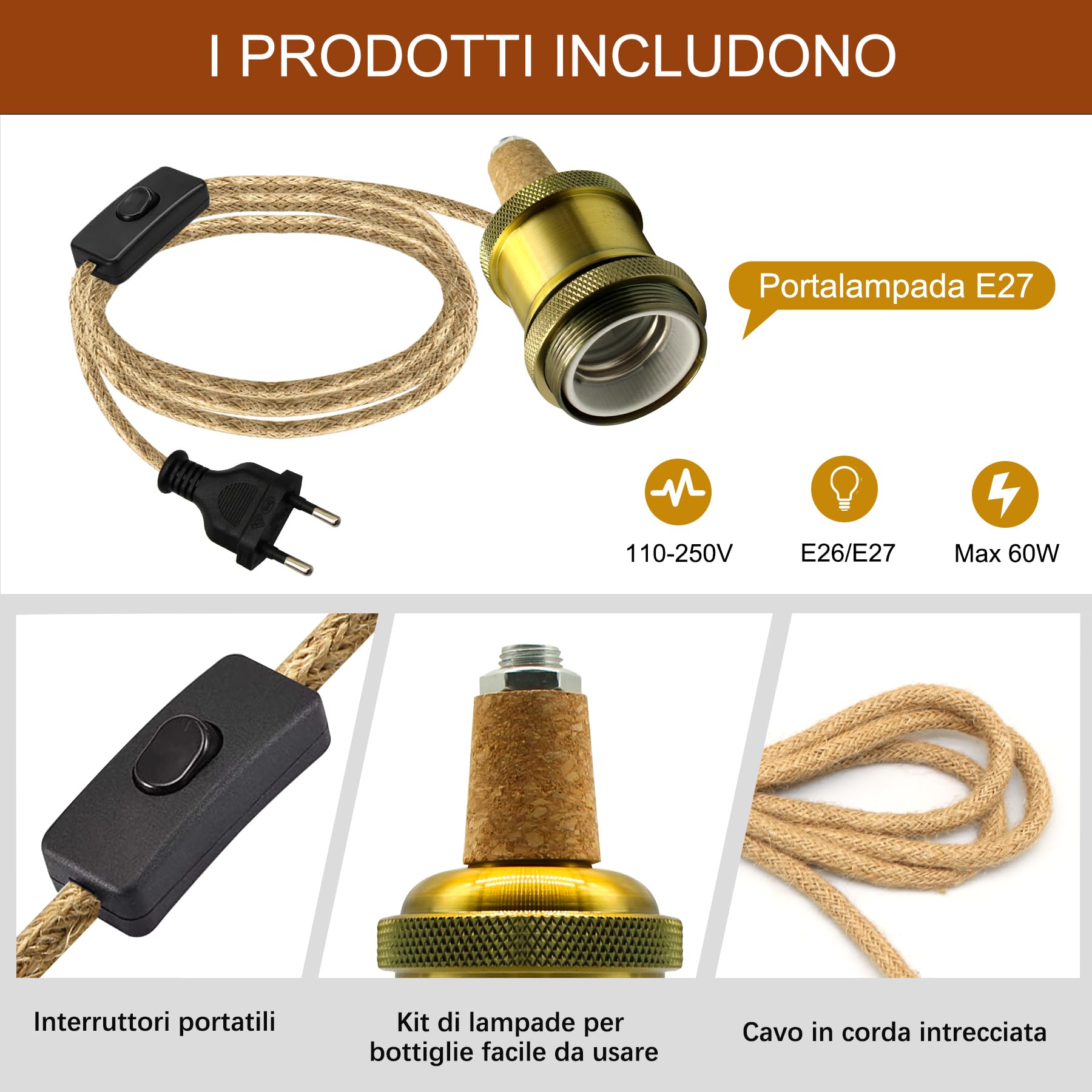 Kit Lampada Per Bottiglia Di Vino Con 3 Tappi Di Sughero,DIY Lampada Da Tavolo Con Bottiglia Di Vino,Adattatore Portalampada E27 Per Bottiglia Lampada Di Vino,lampada Bottiglia Con Spina Interruttore