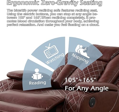 Miniatura 5 de Juego de sofá reclinable eléctrico para sala de estar, juego de sofá reclinable de cuero con luces LED, puertos USB, almacenamiento oculto, juego de