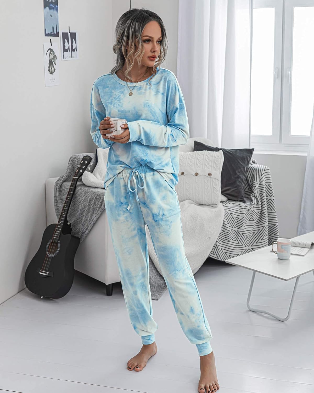 TSMNZMU Women's Pajama Sets Tie Dye Casual 2Pcs Sleepwear Long Sleeve Pullover Tops Long Pants Pockets Joggers - Image 8