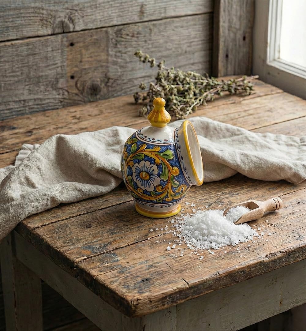 Generico Saliera in ceramica siciliana blu giallo verde rosso di santo stefano di camastra decorata a mano barocco Art 15