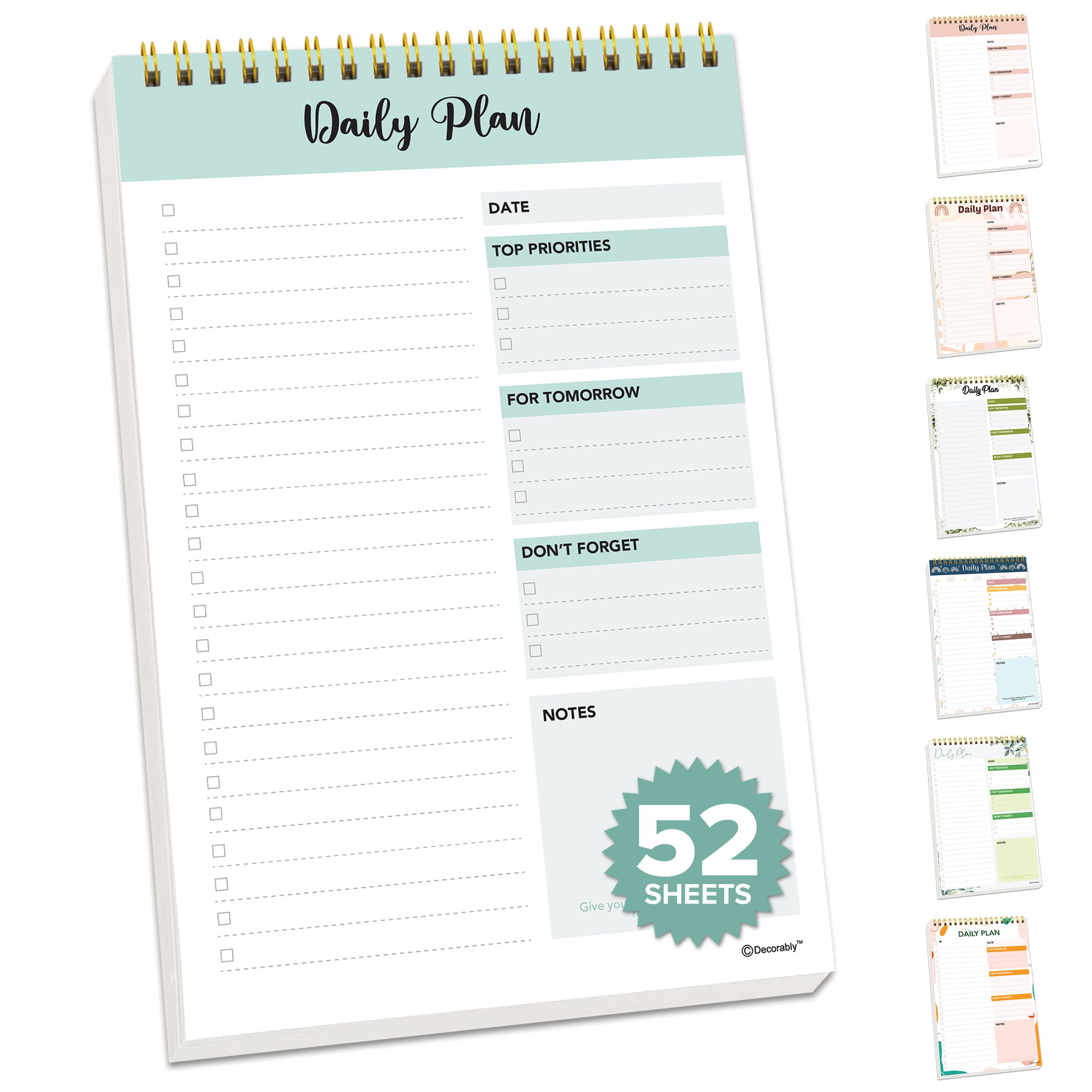 Decorably 52 Sheets Mint Green-Themed Undated Daily to Do List Notepad, 6.5x10in Spring-Bound Planner Pad, Easy Tear-Off Design, with Priorities,