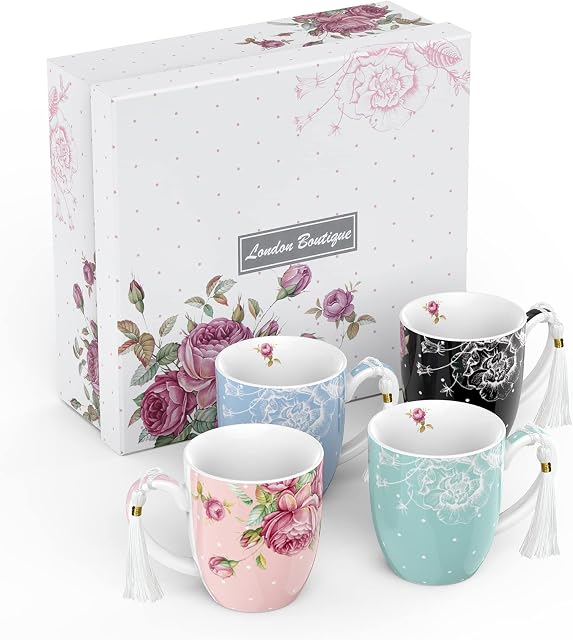London Boutique Mugs Cups Gift Set China Mugs Set of 4 Vintage Shabby Chic Flora 4 Colours Gift for Women 350ml (Roses)