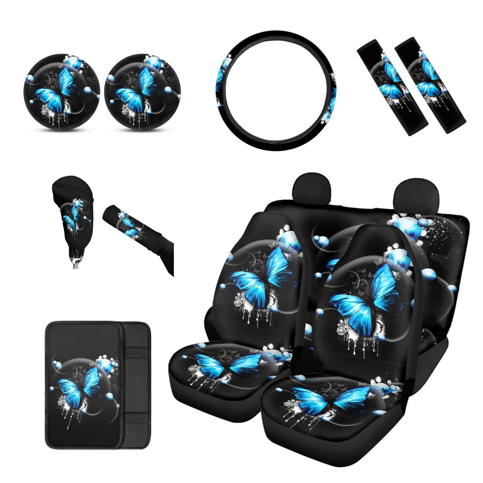 BIGCARJOB Neon Butterfly Print Car Seat Covers Back Seat Protector,15 inch Steering Wheel Cover,Armrest Cover, Seat Belt Pads Cover,Shift Knob Cover Handbrake Cover,Coasters,Butterfly Car Accessories