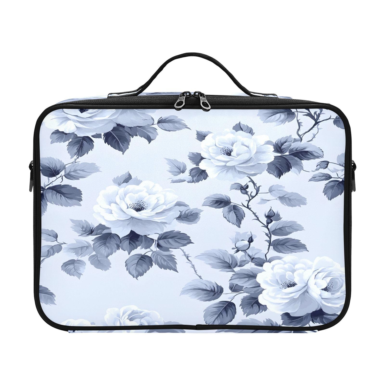 zyrtty Travel Makeup Train Case Flower Black White Pattern Leaves Cosmetic Organizer Portable Storage Bag with Adjustable Dividers for Cosmetics Brushes Toiletry Jewelry Digital Accessories