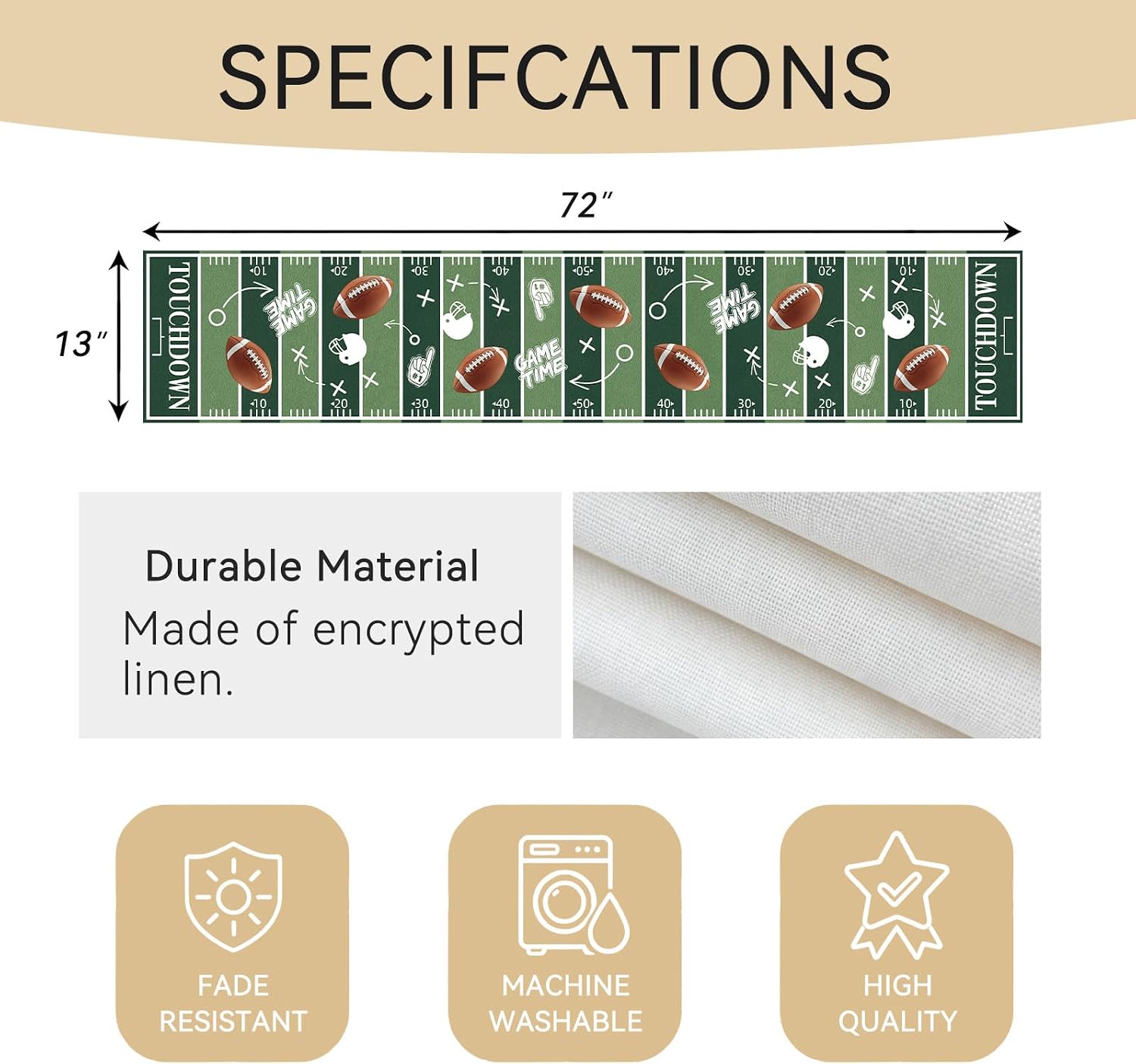 Football Table Runner, Game Day Party Decor, Touchdown Design, 72x13 Inch