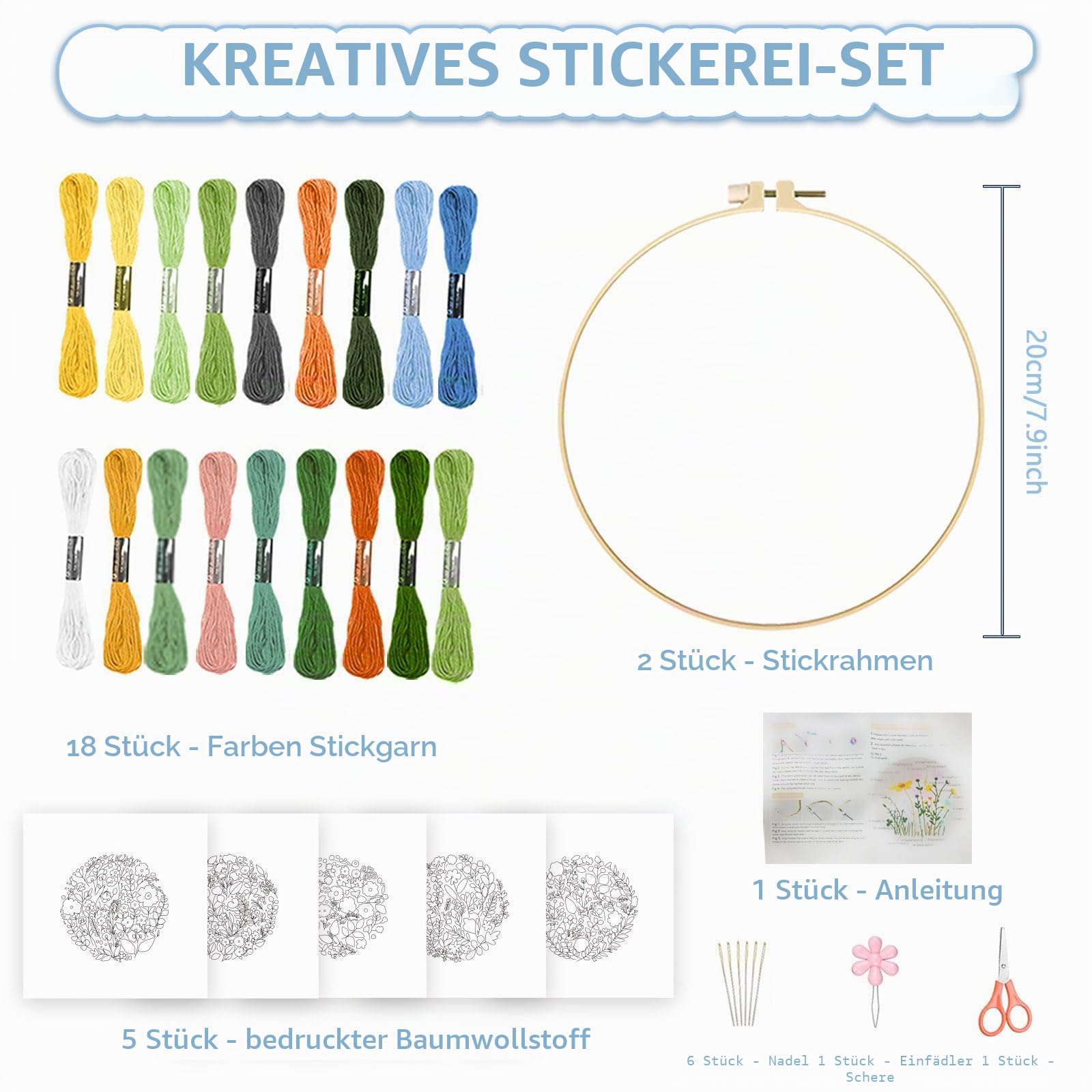 FREEBLOSS 5 Set Mit 11.6" Sticksets Für Anfänger Nadelspitzen Stickerei Starter Set Mit Kleinen Gestempelten Blumenmustern Anleitung Farbige Fäden 2 Reifen