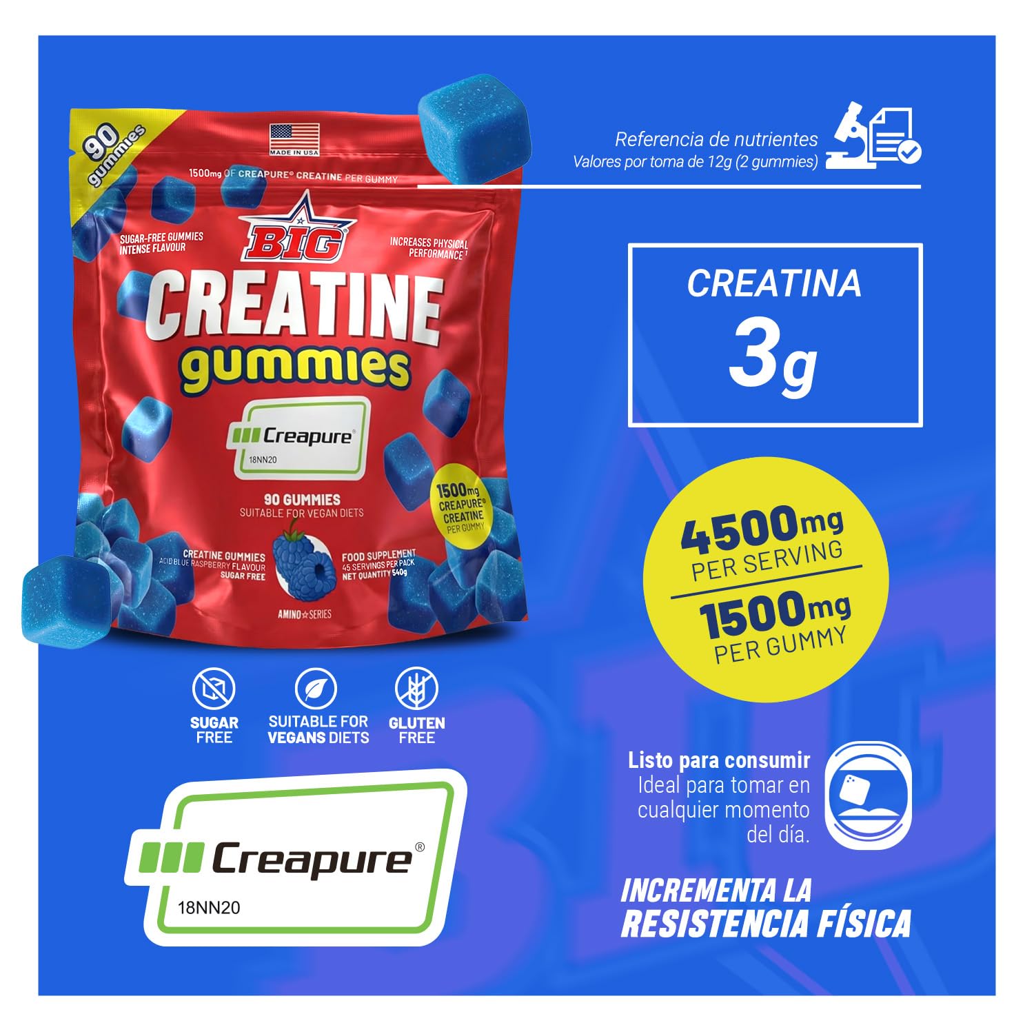 BIG - Gominolas de Creatina Monohidrato Creapure Sabor a Frambuesa Acida, 90 Gummies para Entrenamiento de Fuerza y Masa Muscular, Textura Suave, Megadosis 4.5g por toma (45 tomas)