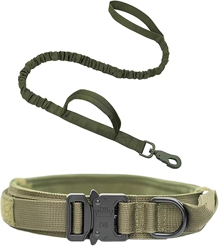 Juego táctico de collar y cuero para perro, collar militar para perro, hebilla de metal pesado ajustable, adecuado para perros M, L, XL (L, juego
