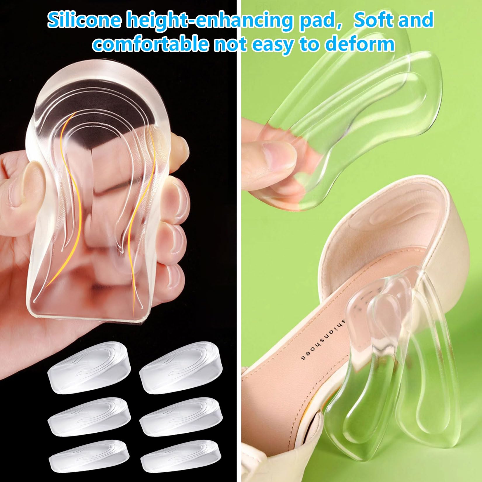 3 Paia Altezza Aumentando Tallone Solette, 1/2/3cm Rialzo Tallone per Scarpe, Solette Rialzate Donna, Talloniera di Silicone di Altezza Solettes + 1 Paio Cuscinetti per Tallones