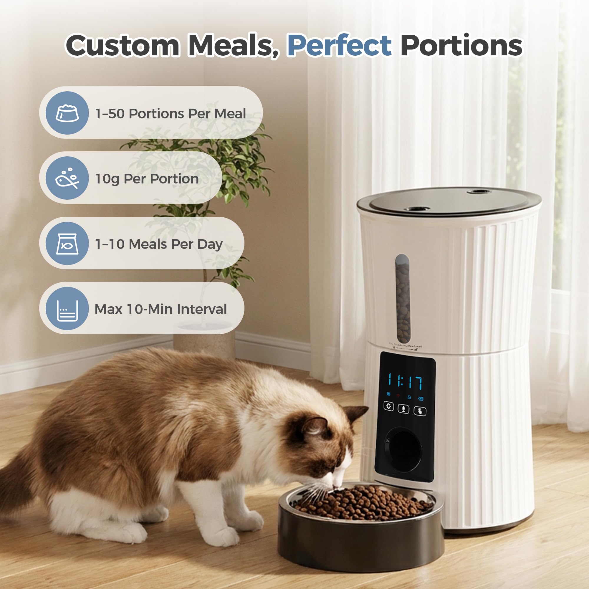 DUMOS Automatic Cat Feeder, 4L Timed Cat Food Dispenser with APP Control, 10s Voice Recorder, Dual Power Supply, 2.4G WiFi Indoor Programmable Pet Feeder with Desiccant for Small Cats and Dogs, White - image 2