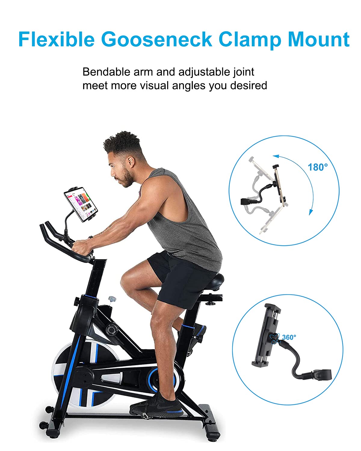 Support de tablette pour vélo d'appartement pour téléphone de 4,7 à 11" et iPad - Col de cygne - Support de tablette pour vélo d'appartement, tapis de course, guidon de poussette pour iPad Pro,