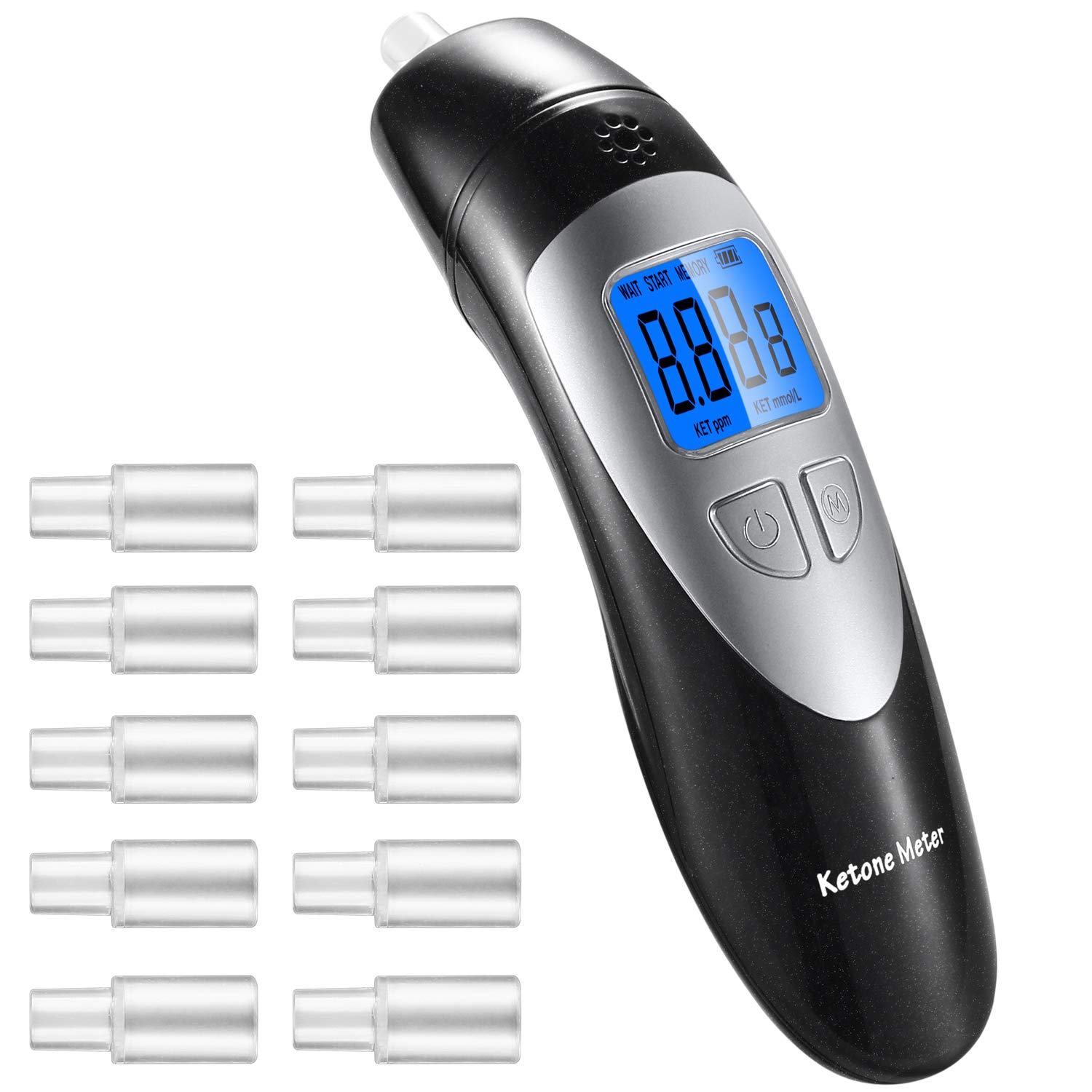 Chetoni - Dispositivo di misurazione respiratorio portatile, analizzatore digitale professionale di chetoni per rilevare lo stato di chetosi, con 10 bocchini per la chetosi, nero