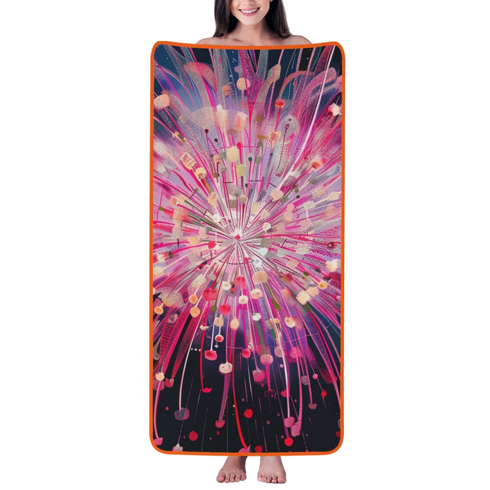 WPKJU Fireworks Art Printed Bath Towel with Orange Edging - 27x55 in Soft Extra Absorbent Coral Velvet Shower Towels for Bathroom