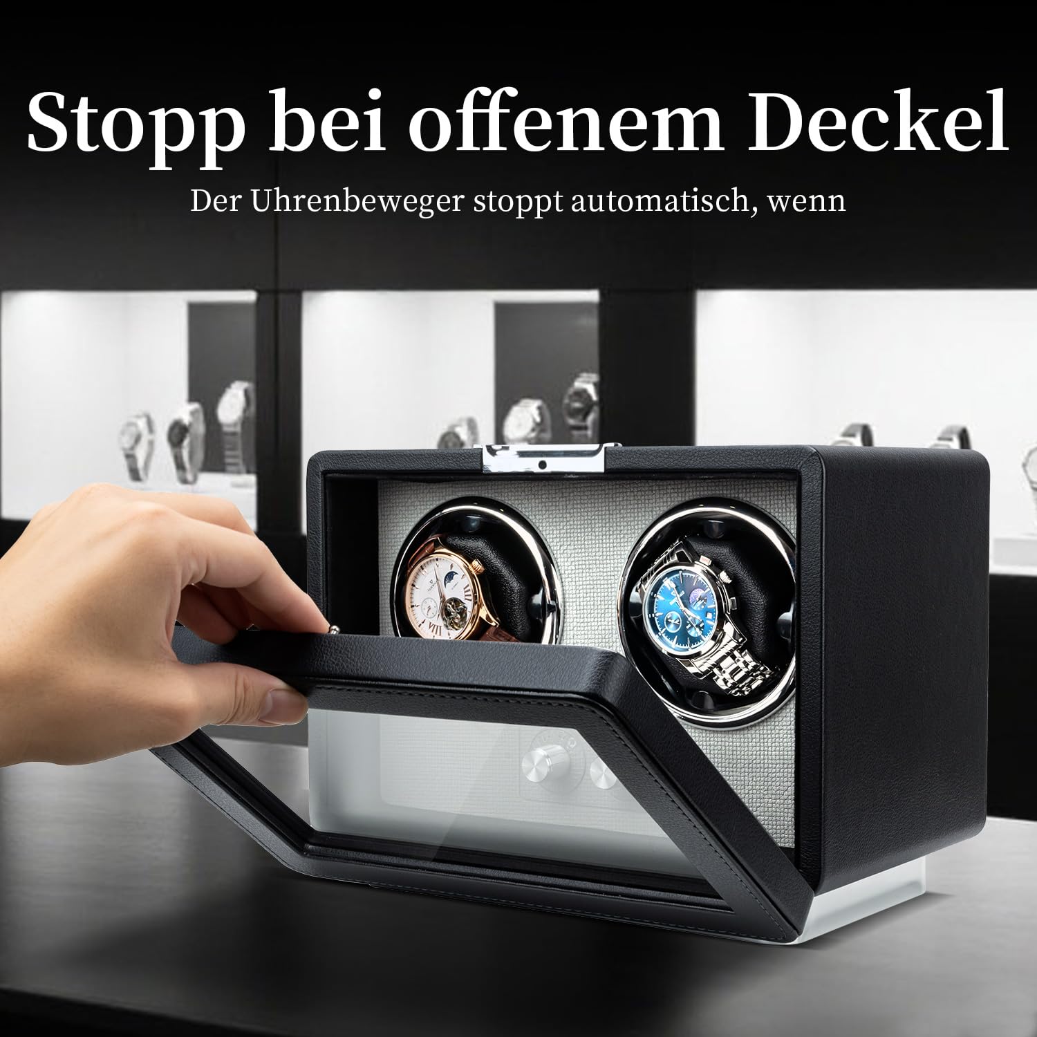 Mcbazel Uhrenbeweger für 2 Automatikuhren, Uhrenbeweger Leiser Motor mit 4 Rotationsmodi, Duale Stromversorgung (USB-C & Batterie), LED-Beleuchtung & Auto-Stopp Funktion