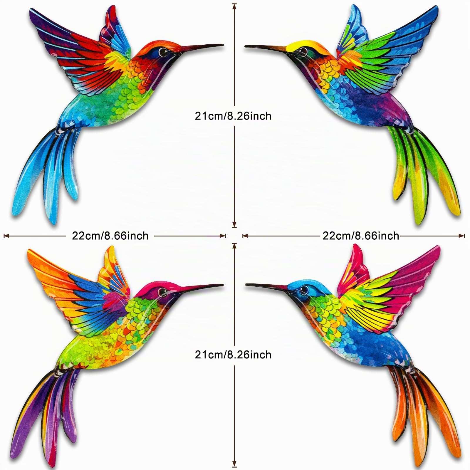 4 Stück Metall-Kolibri-Wandkunst für den Außenbereich, Giyiprpi 3D-farbige Wandkunst, Zaunverzierungen für Terrasse und Garten, Wandskulptur zum Aufhängen für Garten, Wohnzimmer und Balkon