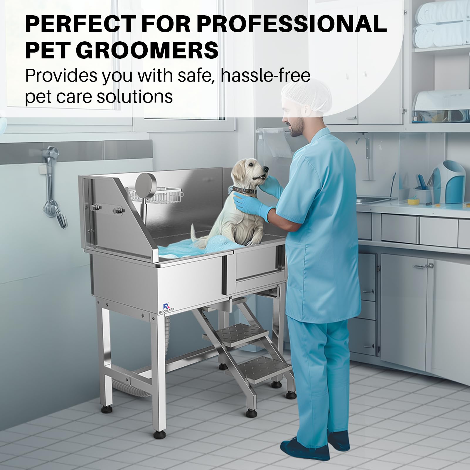 Bañera profesional para perros de 86 cm con escalera, piscina para perros de acero inoxidable con cabezal de ducha y puerta corredera, capacidad de carga de 50 kg, bañera para perros medianos