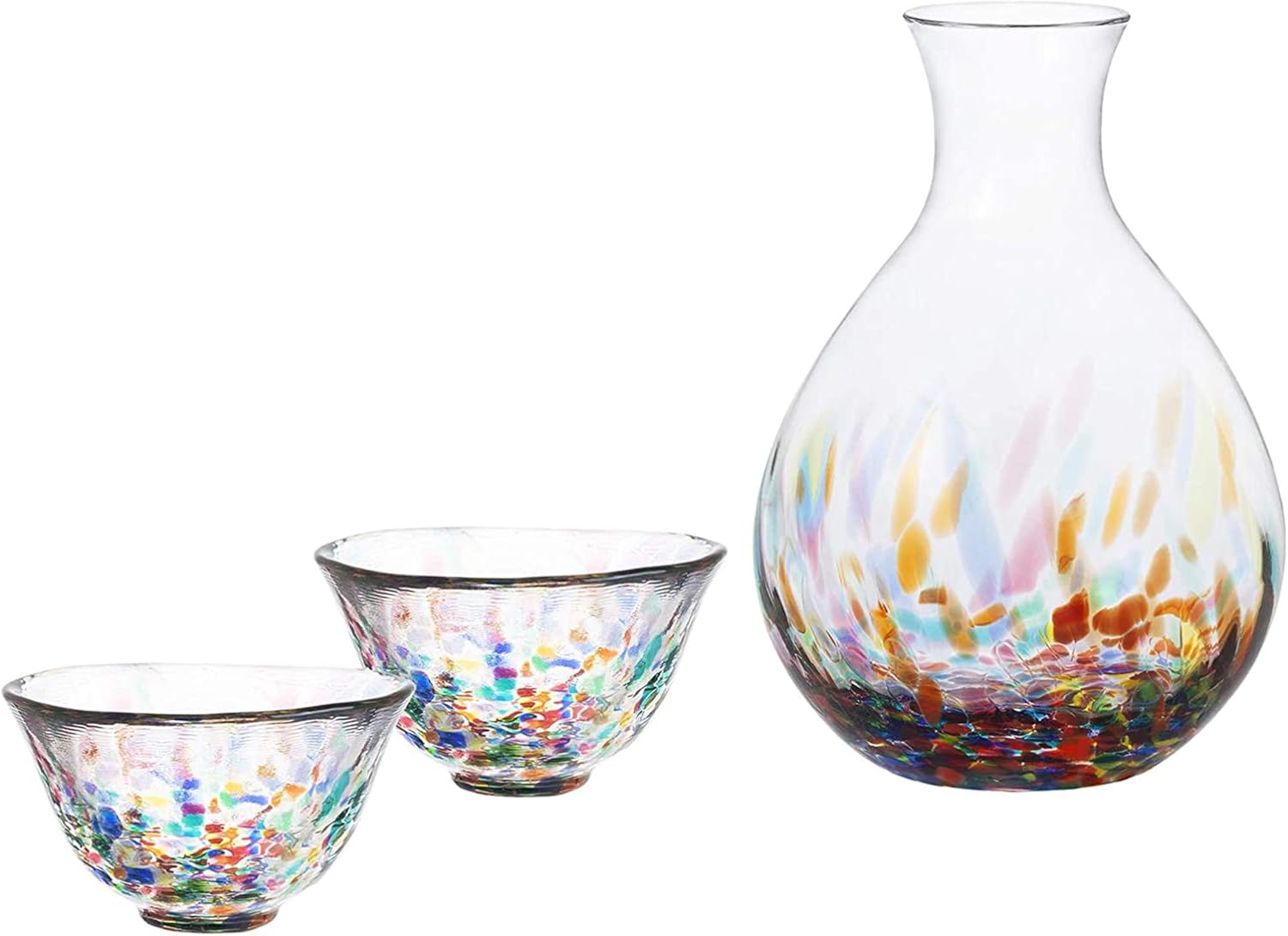 Tsugaru Biidoro - Handcrafted Glass Sake Set - 2 Cups and 1 Tokkuri Carafe - Rainbow Color