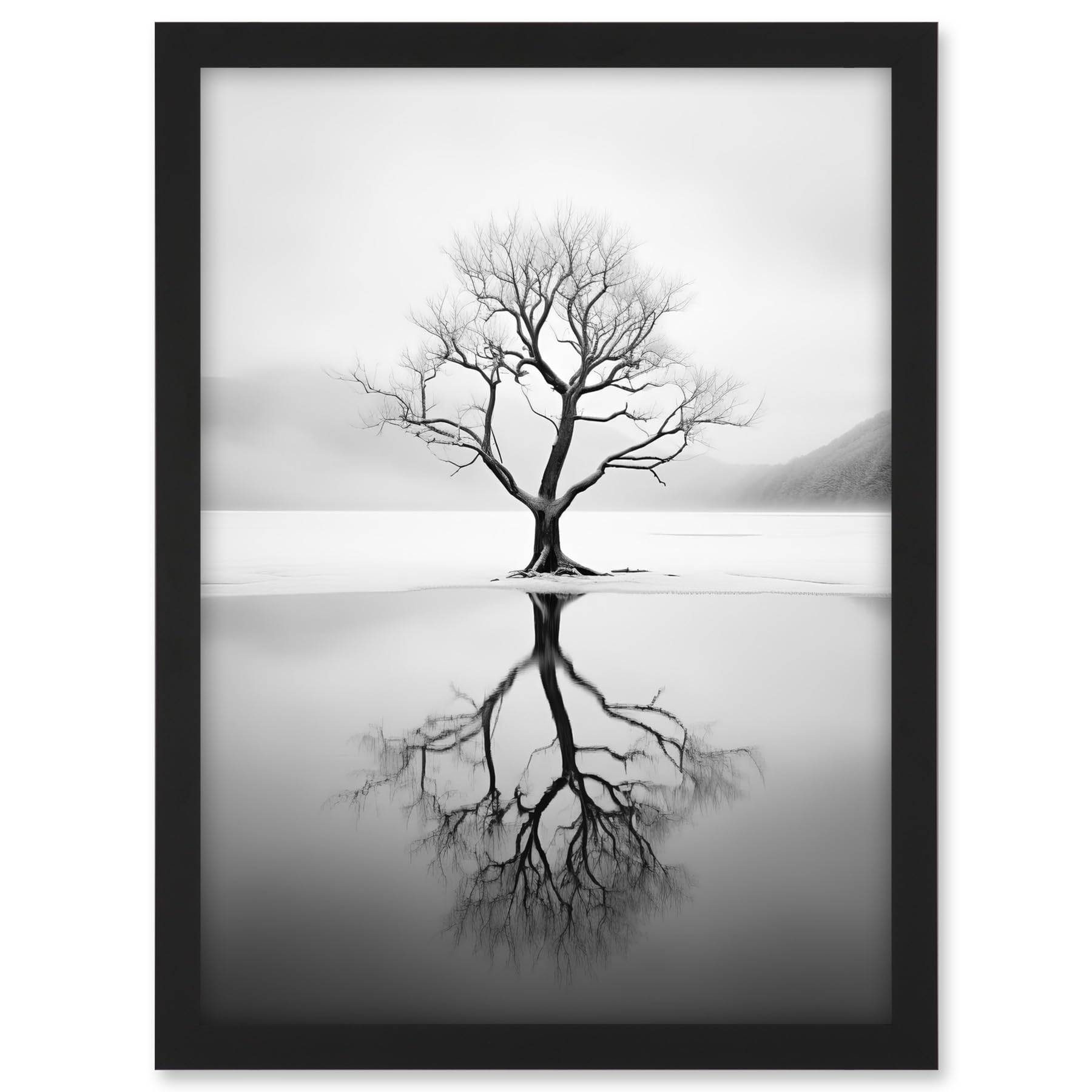 Artery8 Lone Tree by Frozen Lake Winter Landscape Black and White Photograph Artwork Framed A3 Wall Art Print