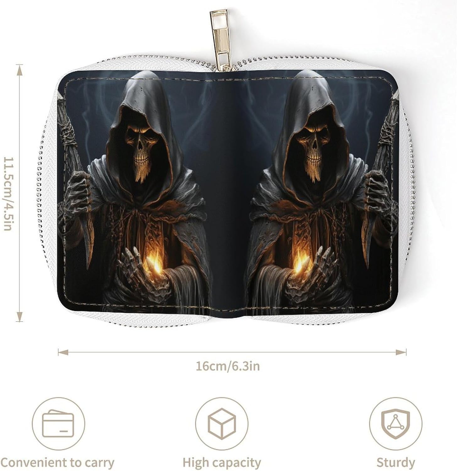 Leather Card Organizer Case Card Wallet Credit Card Holder Grim Reaper Printed Zipper Card Cases Holder for Women Men