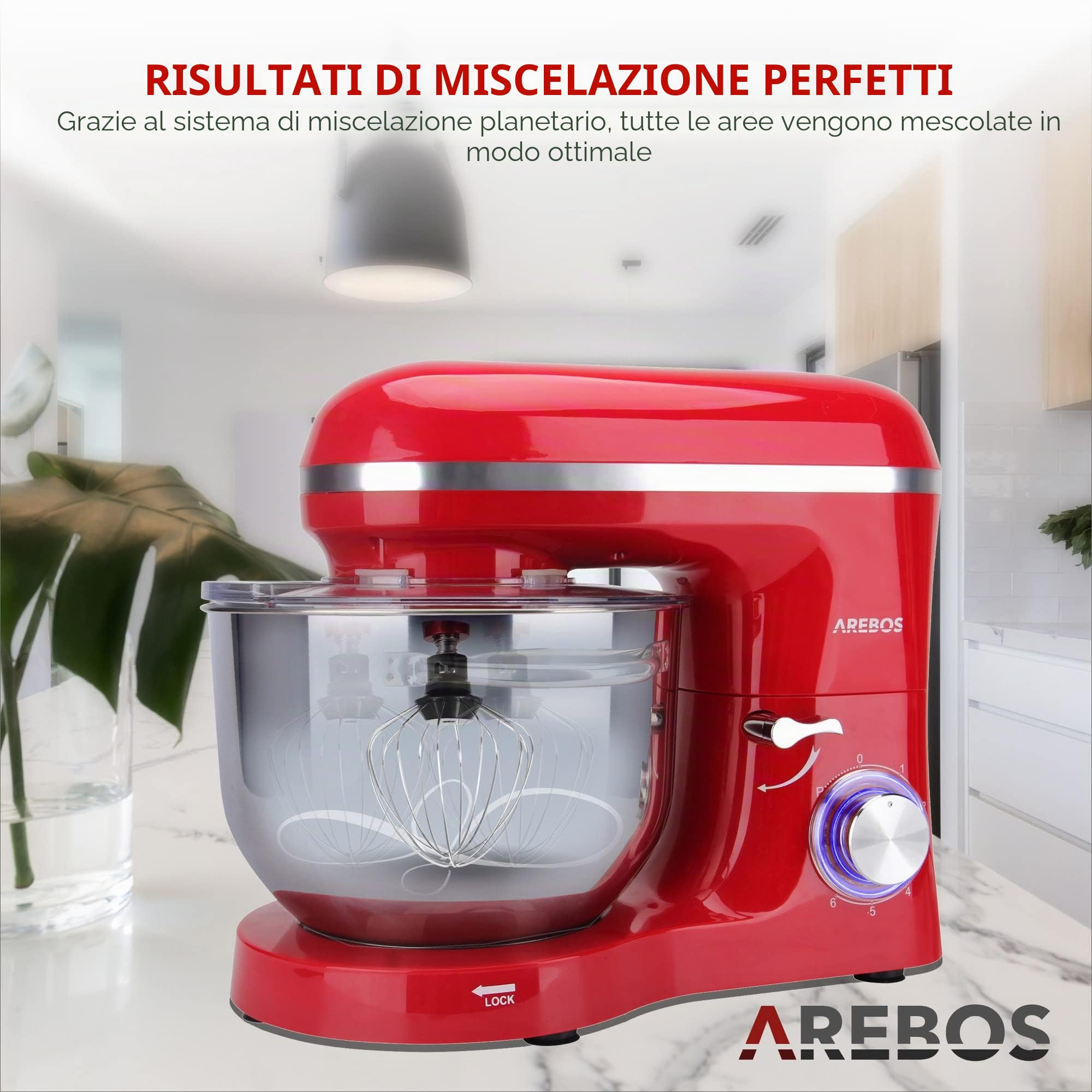 Arebos Impastatrice Robot da Cucina 1500W | Rosso | Mixer Cucina 6L | Basso Rumore | Multifunzione Impastatore Planetario Professionale con Ganci, Frullare | 6 Velocità con Impulso Regolabile