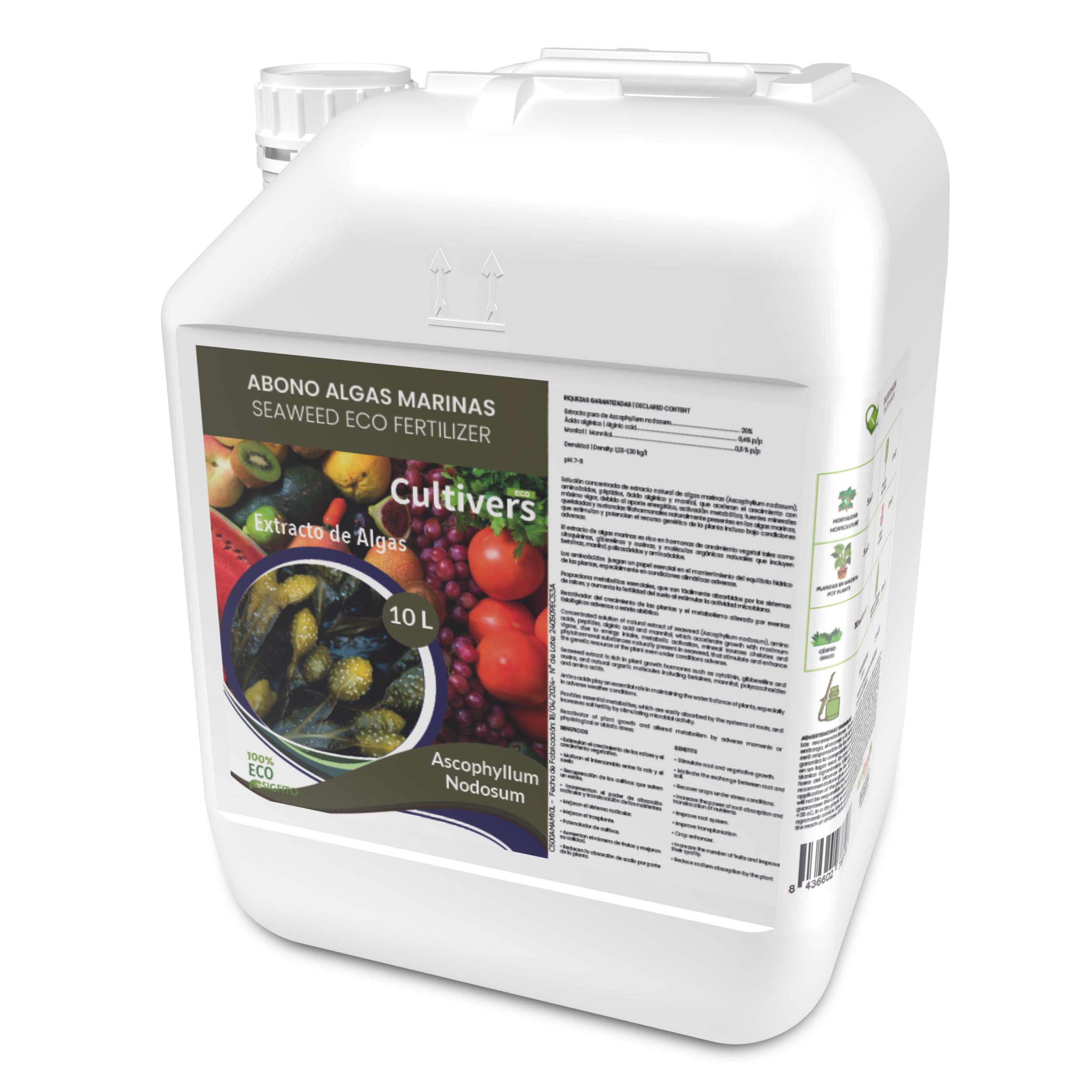 CULTIVERS Fertilizante Algas Marinas Líquido 10 L. Abono orgánico para plantas extracto de Ascophyllum nodosum. Potenciador de crecimiento, estimulador de raíces, mejora la producción y la calidad