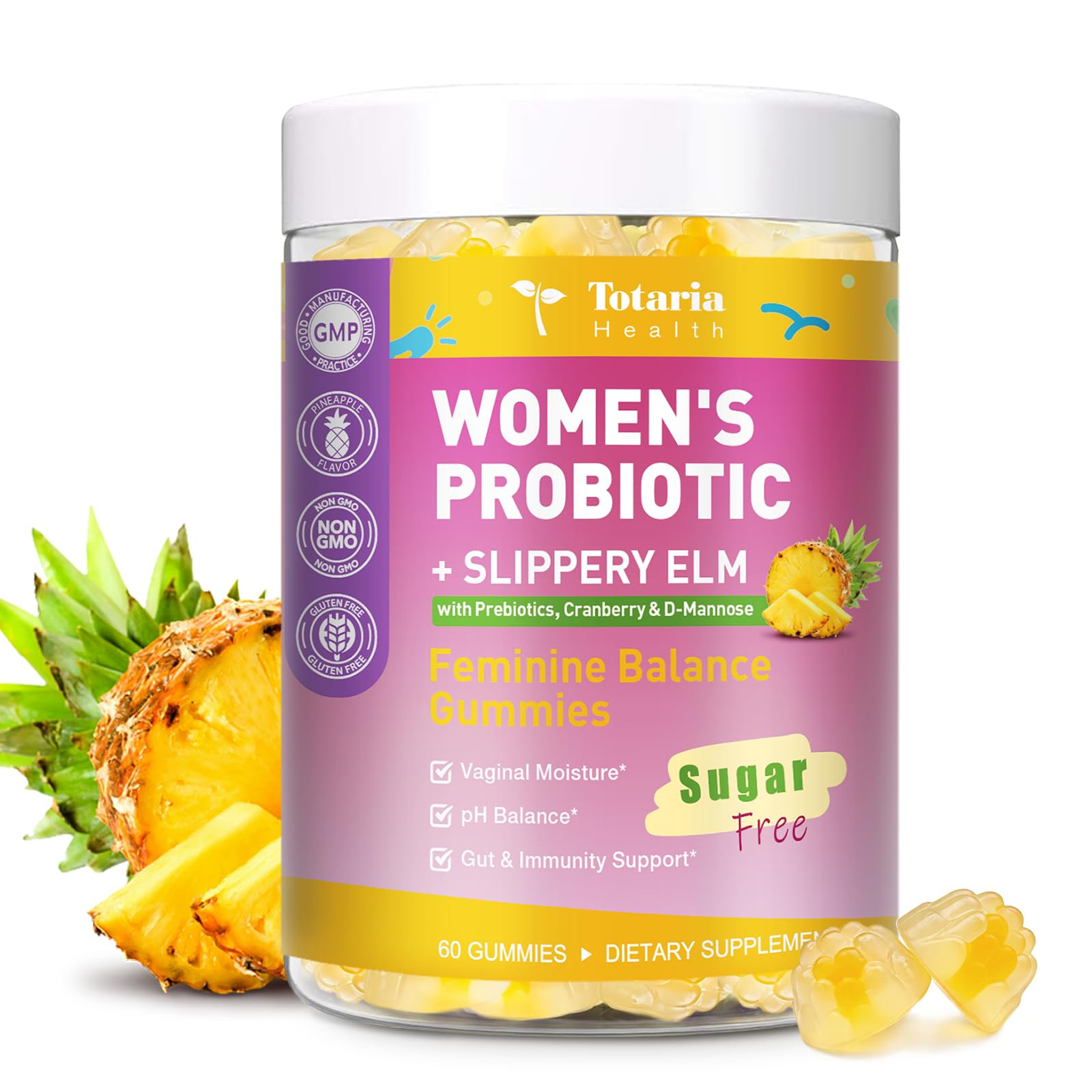 Totaria 9-in-1 Sugar Free Feminine Probiotics Gummies - Vaginal Flora & pH Balance, 50 Billion CFU with Prebiotic, Slippery Elm, Cranberry, for Vaginal, Urinary Tract & Gut, Hawaiian Pineapple, 60 Ct Pineapple 60 Count (Pack of 1)