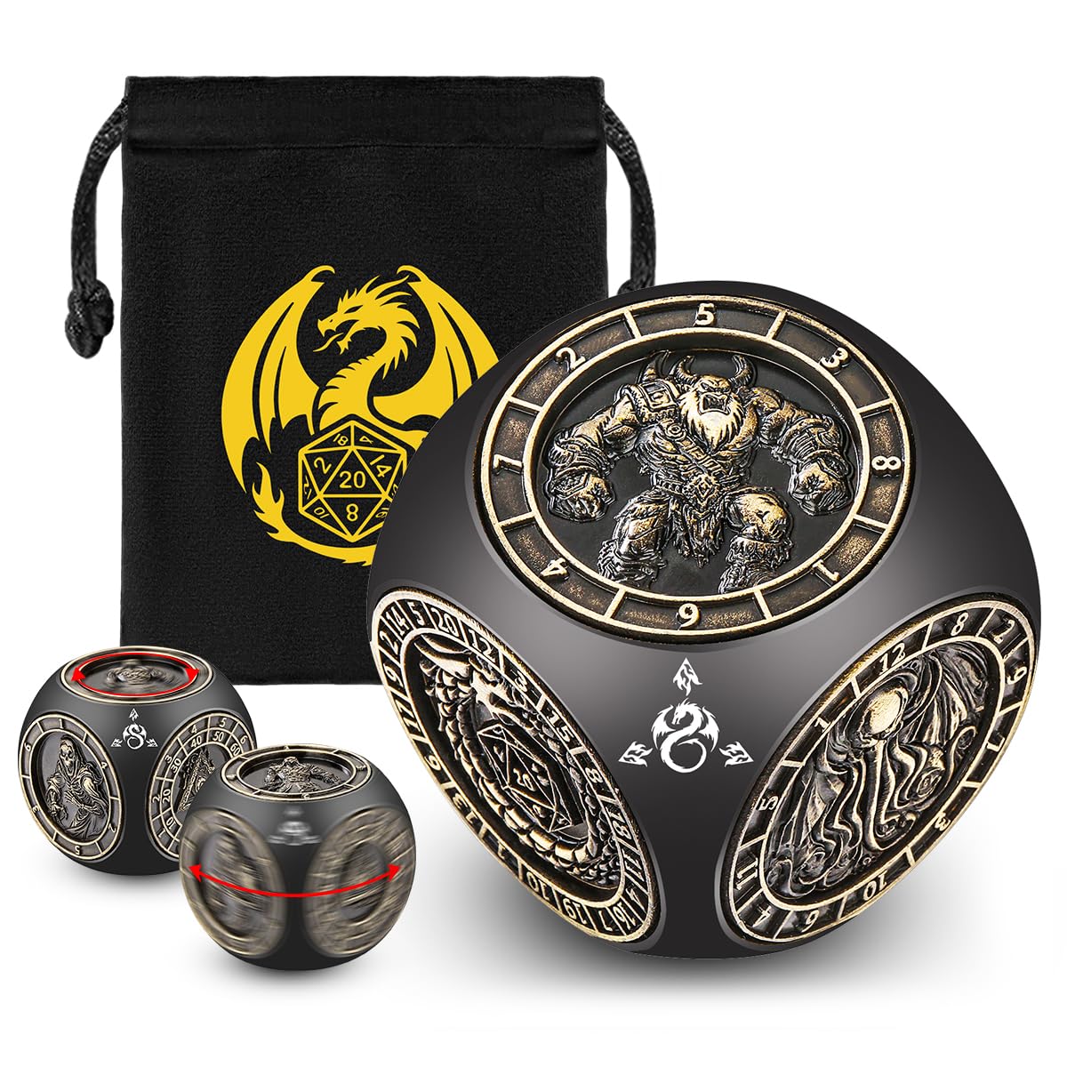 DND Spinner 7-en-1 Dés, Design en Relief 3D, Set de Dés en Métal D&D, Motif à 6 Côtés, Dés de Jeu Rotatifs Polyédriques D&D, Cadeaux DND avec Boîte Cadeau à Logo Dragon, Jeu de Rôle Accessoires, Noir