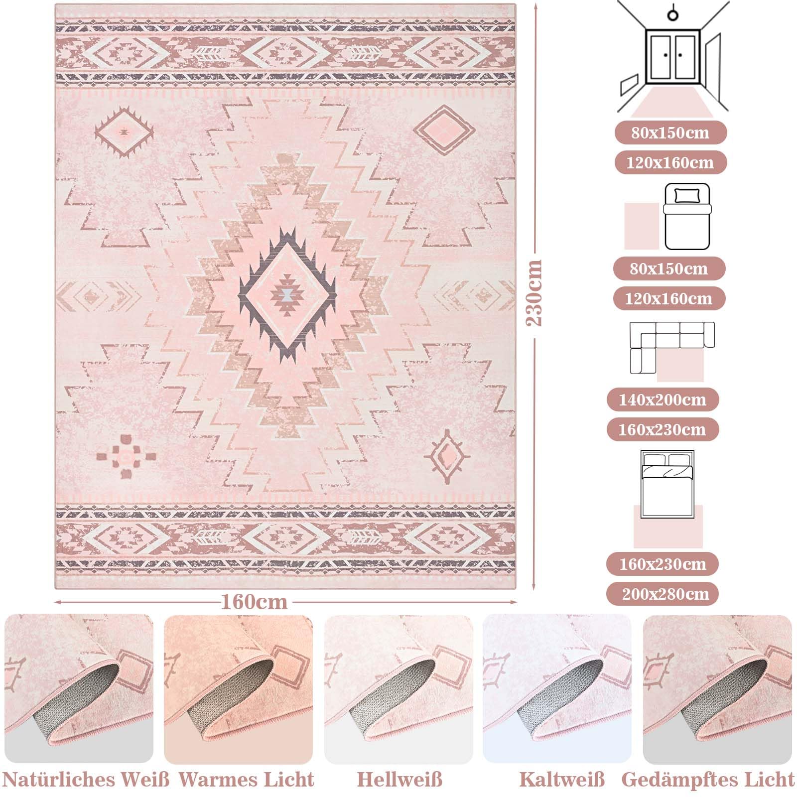 Alishomtll Teppich Läufer, Vintage Geometrisch Teppich Rosa 160x230 cm | Rutschfest Kurzflor Küchenteppich, Weich Waschbar Flurläufer für Wohnzimmer Schlafzimmer Arbeitszimmer Küche Eingang