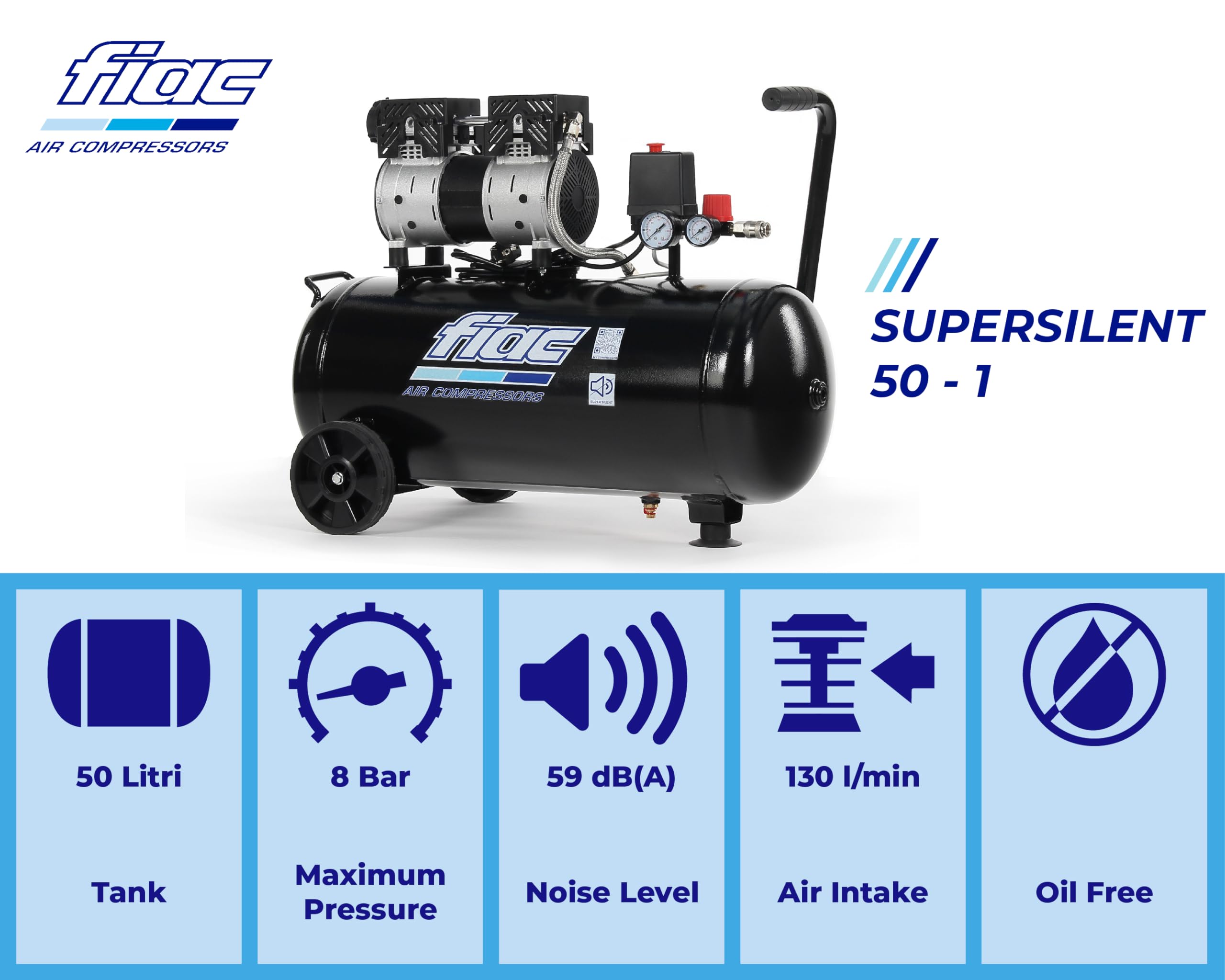 FIAC Supersilent 50, Compresseur d'air mobile silencieux, Compresseur d'air sans huile, Pression maximale 8 Bar, Puissance 1 HP, Réservoir 50 Litres, Bruit 58 dB LpA