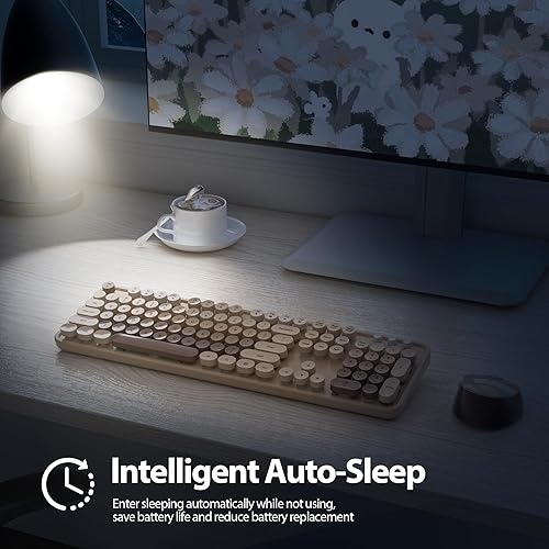 Miniatura 6 de Juego de teclado y mouse inalámbricos, teclado de máquina de escribir retro, 2.4 GHz, tamaño completo, 104 teclas, bonito teclado con teclado