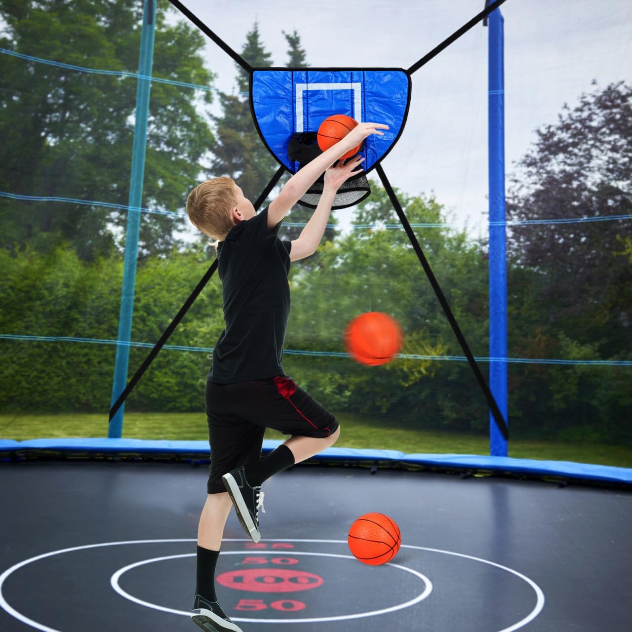 Garneck Mini Basketball Hoop for Trampoline with 3 Balls and Inflator Portable Trampoline Basketball Game Attachment for Indoor and Outdoor Sports Fun