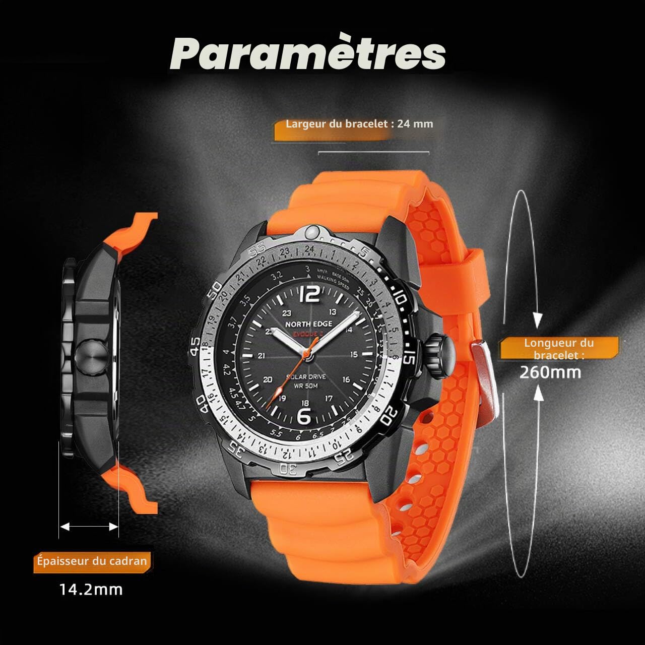 NORTH EDGE Montre Solaire Homme Aviation, Étanche 50M, Cadran Phosphorescent, Bracelet Silicone (46 mm)