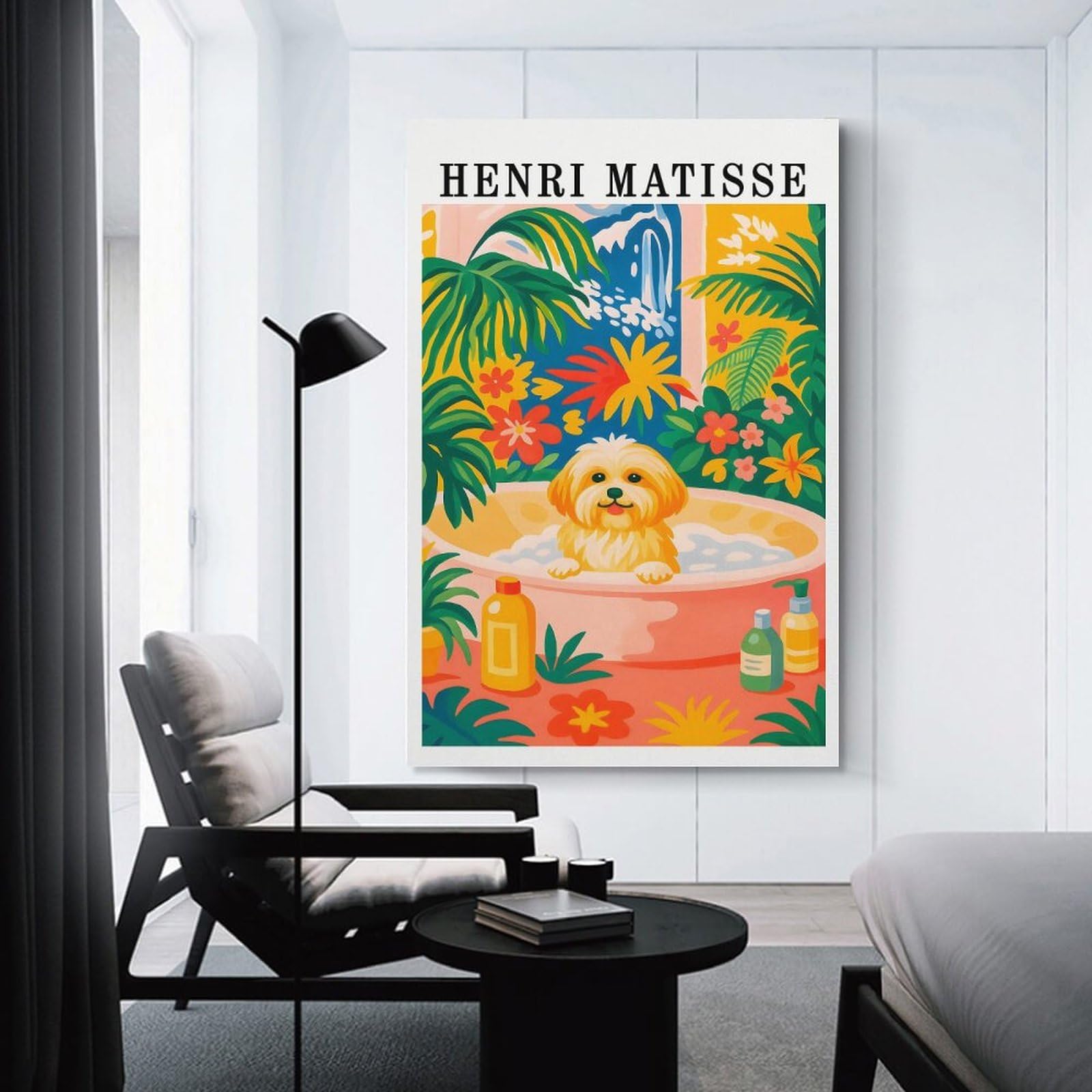 Junmoney Room Decor Wall Art Henri Matisse Style Dog Bath, 16x24inch(40x60cm), for Entrance Spaces, Stair Walls Or Halls, Home Artwork for First Impressions