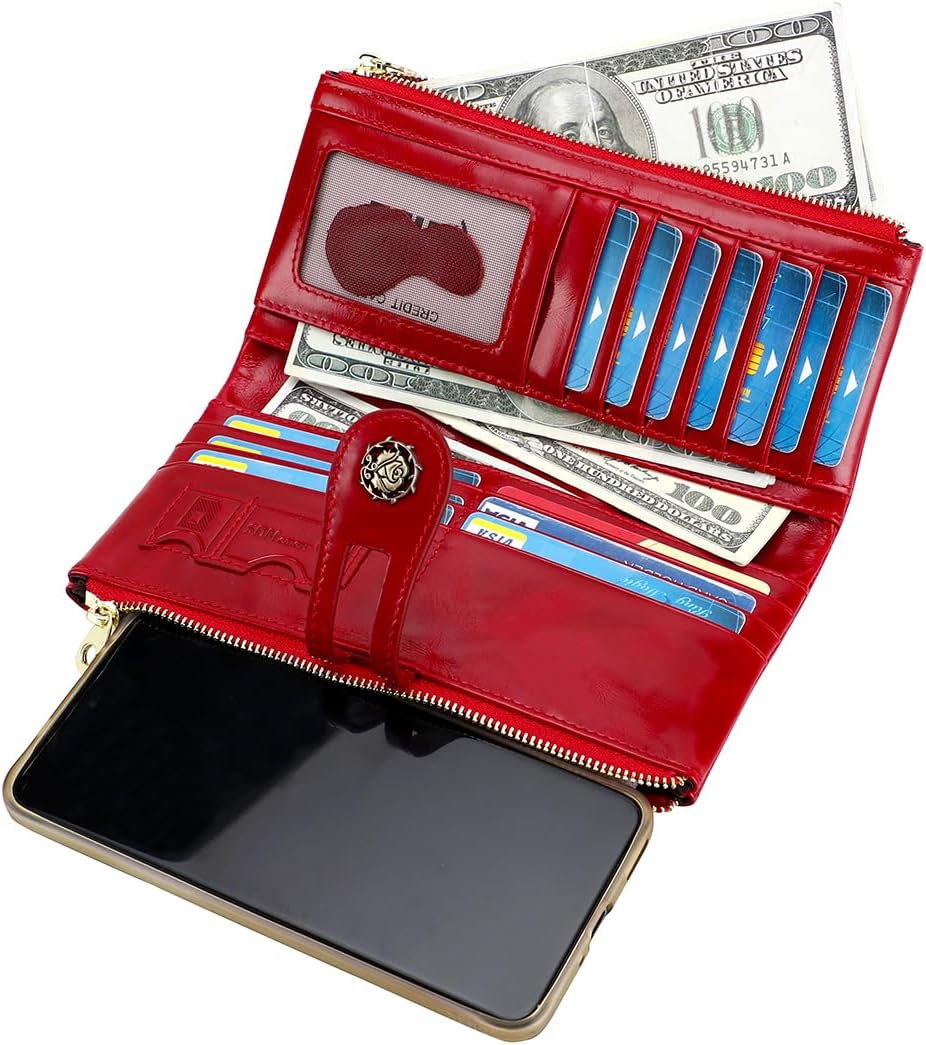 Women's RFID Blocking Wallet Soft Leather Clutch Money Ladies Purse Slim Card Holder Organizer Zip Pocket (3020-Red) - Image 7