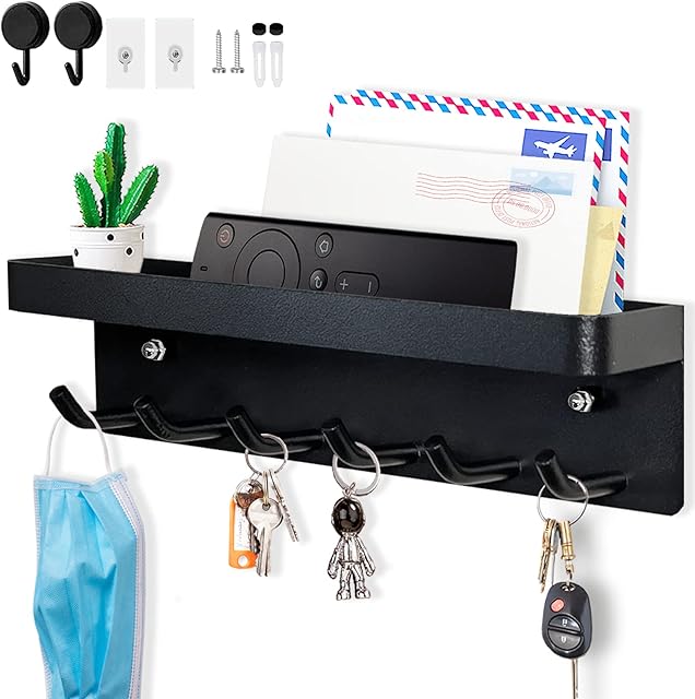 Echehi 6 Hooks Modern Key Holder, Multifunctional Self Adhesive or Drilling 2 Ways Installation Wall Key Rack, Key Hooks Wall Mounted for Entrance Area, Kitchen, Office, Bathroom, Living Room(Black)
